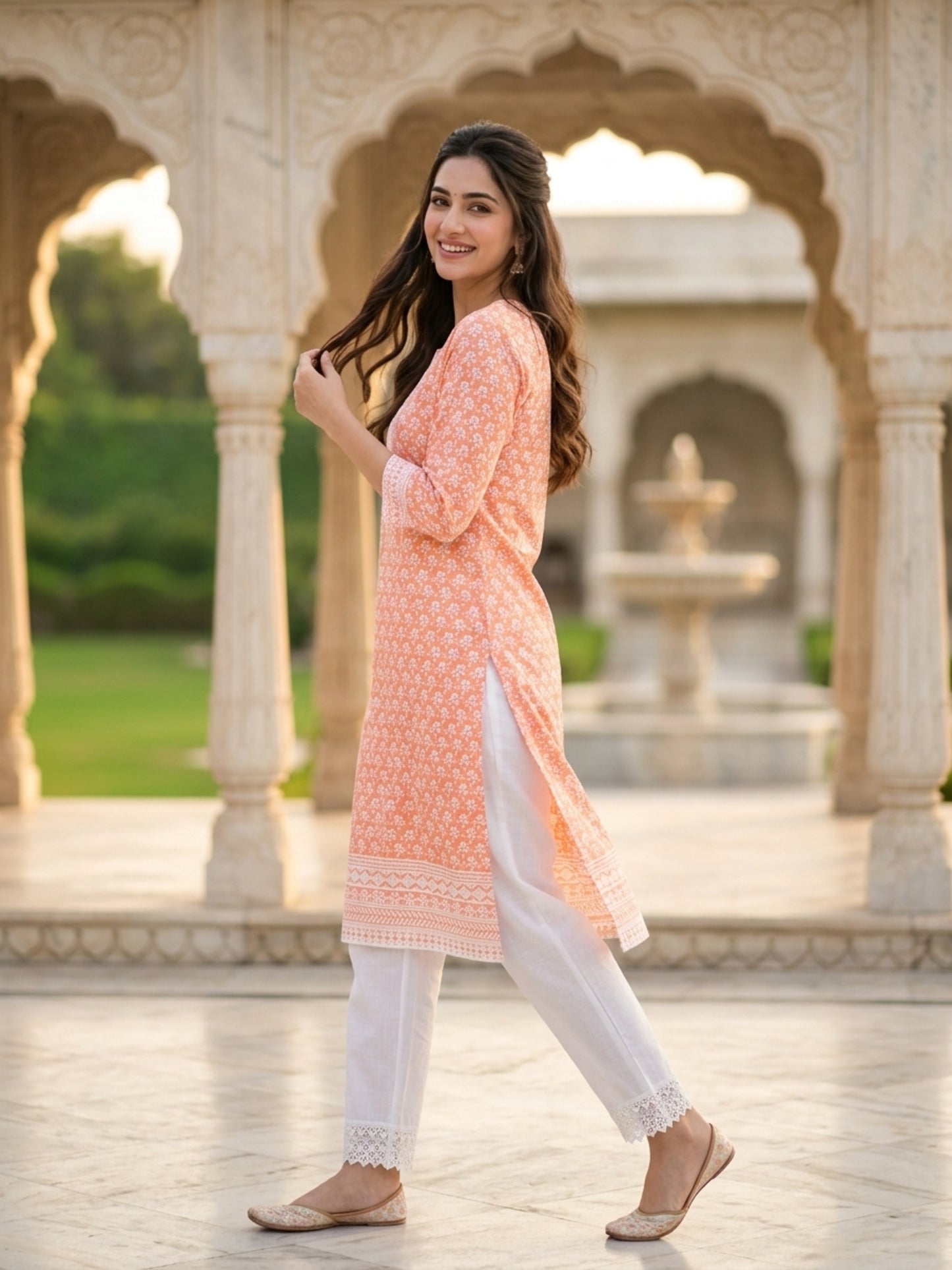 Nizam Women Pure Cotton Printed Ethnic Kurta Set with Matching Trousers, Round Neck, 3/4 Sleeves & Straight Fit for Casual, Office & Festive Wear | Ank