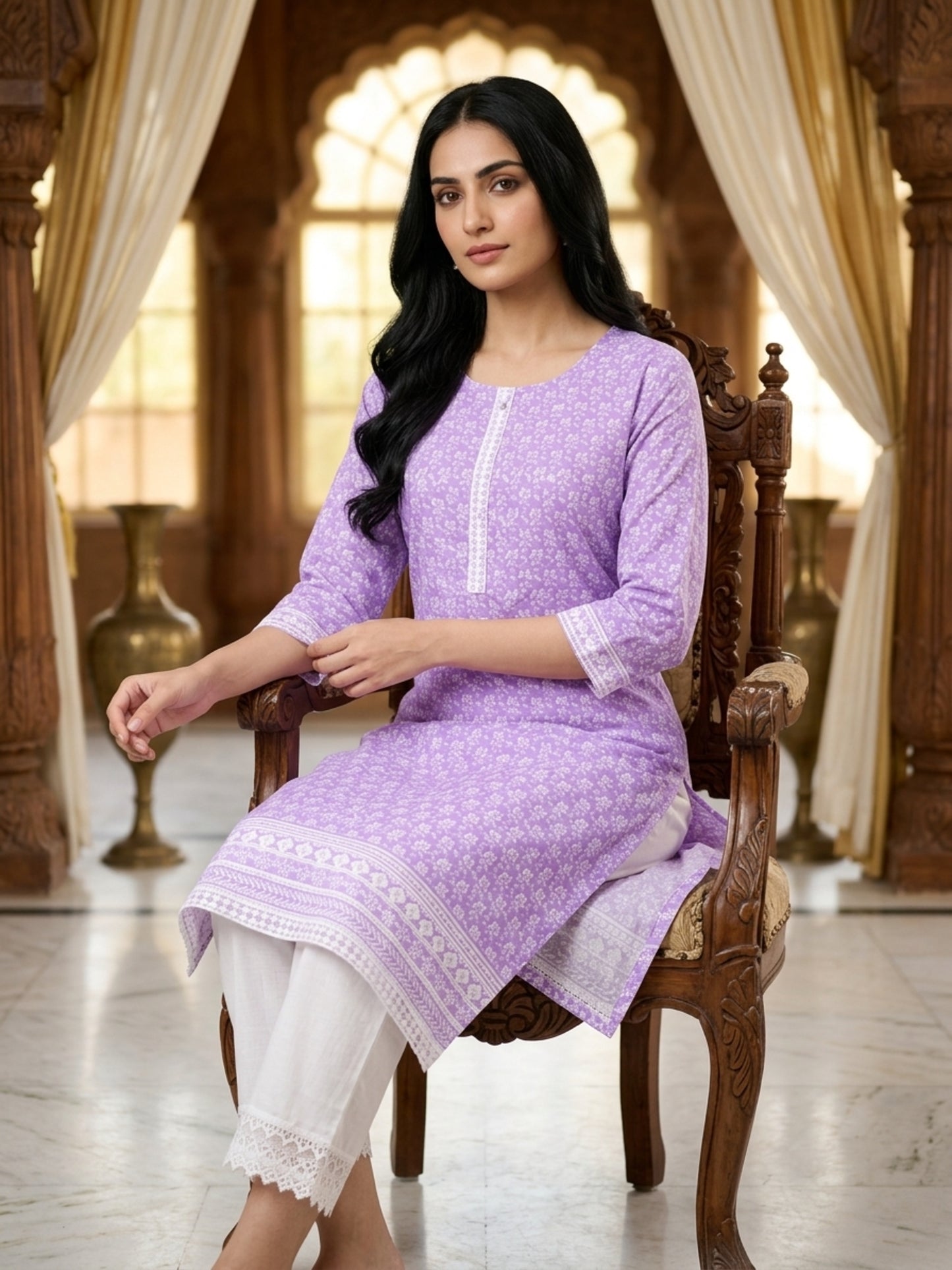 Nizam Women Pure Cotton Printed Ethnic Kurta Set with Matching Trousers, Round Neck, 3/4 Sleeves & Straight Fit for Casual, Office & Festive Wear | Ank
