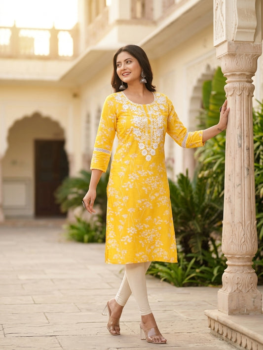 Pooja Women Floral Printed Cotton Ethnic Kurti with Round Neck & Three-Quarter Sleeves