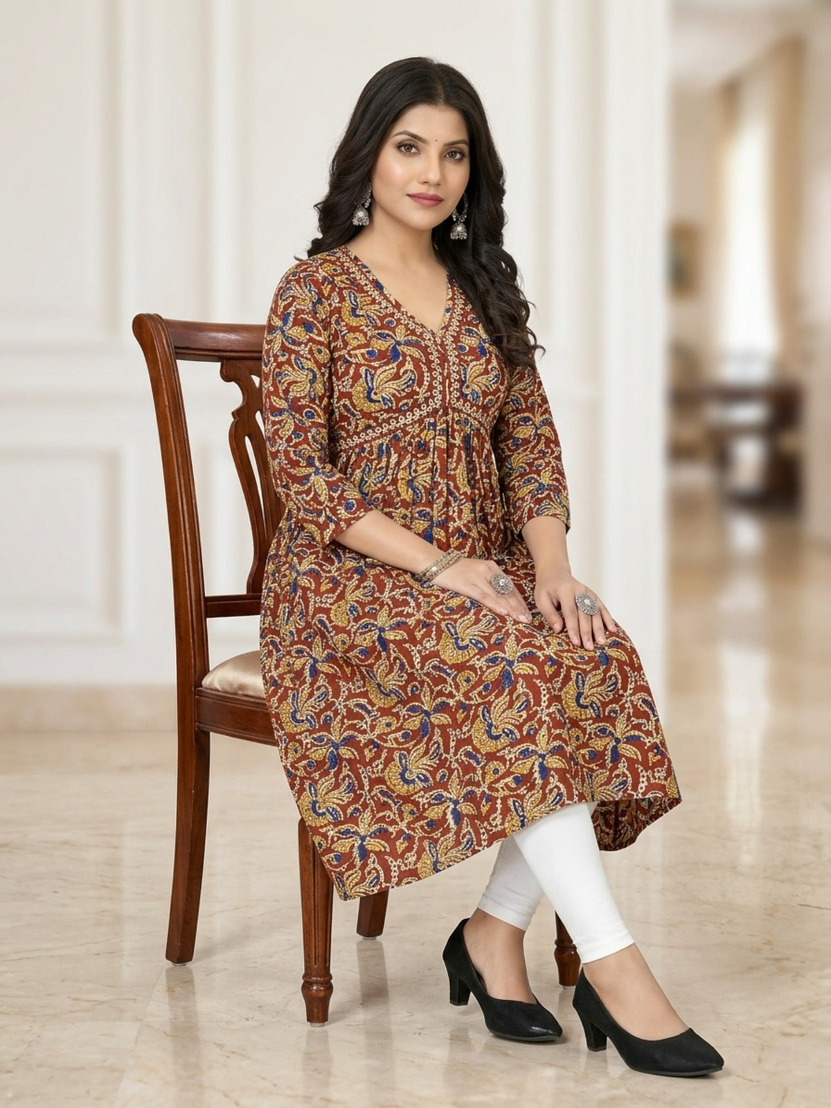 Ritabhari Women Ethnic Motifs Printed Anarkali Kurta with Round Neck & Three-Quarter Sleeves
