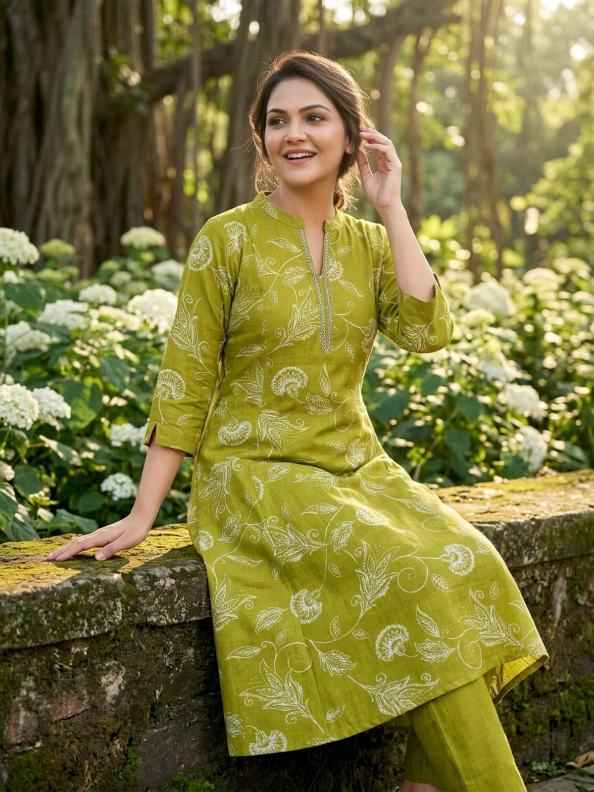 Elegant Ethnic Women Vatican Silk Printed Flared Kurti Pant Set with V-Neck & 3/4 Sleeve | Ank