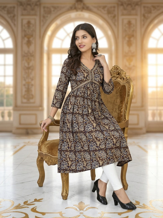 Ritabhari Women Ethnic Motifs Printed Anarkali Kurta with Round Neck & Three-Quarter Sleeves