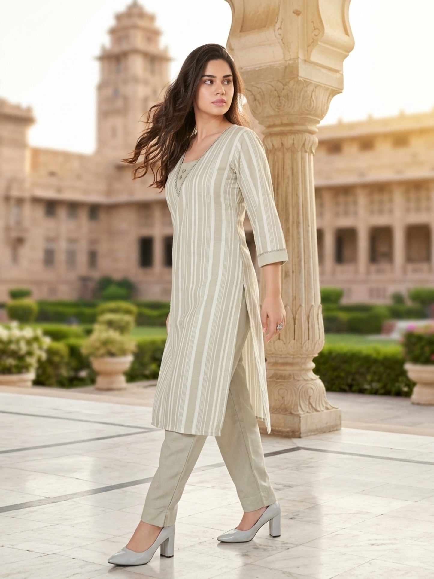 Minu Kurta-Set Sparkle Women Striped Straight Kurti with Trousers | Ank