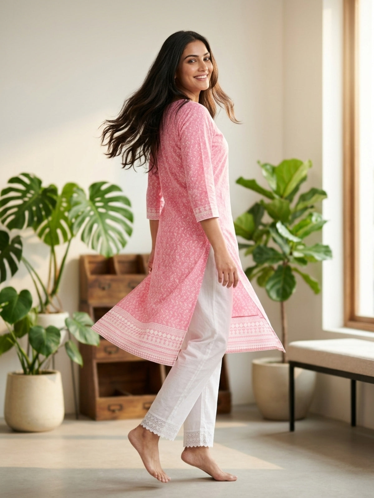 Nizam Women Pure Cotton Printed Ethnic Kurta Set with Matching Trousers, Round Neck, 3/4 Sleeves & Straight Fit for Casual, Office & Festive Wear | Ank