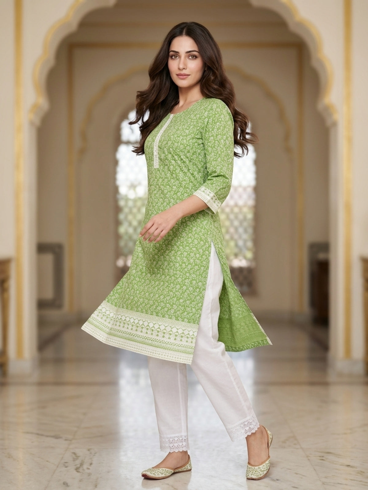 Nizam Women Pure Cotton Printed Ethnic Kurta Set with Matching Trousers, Round Neck, 3/4 Sleeves & Straight Fit for Casual, Office & Festive Wear | Ank