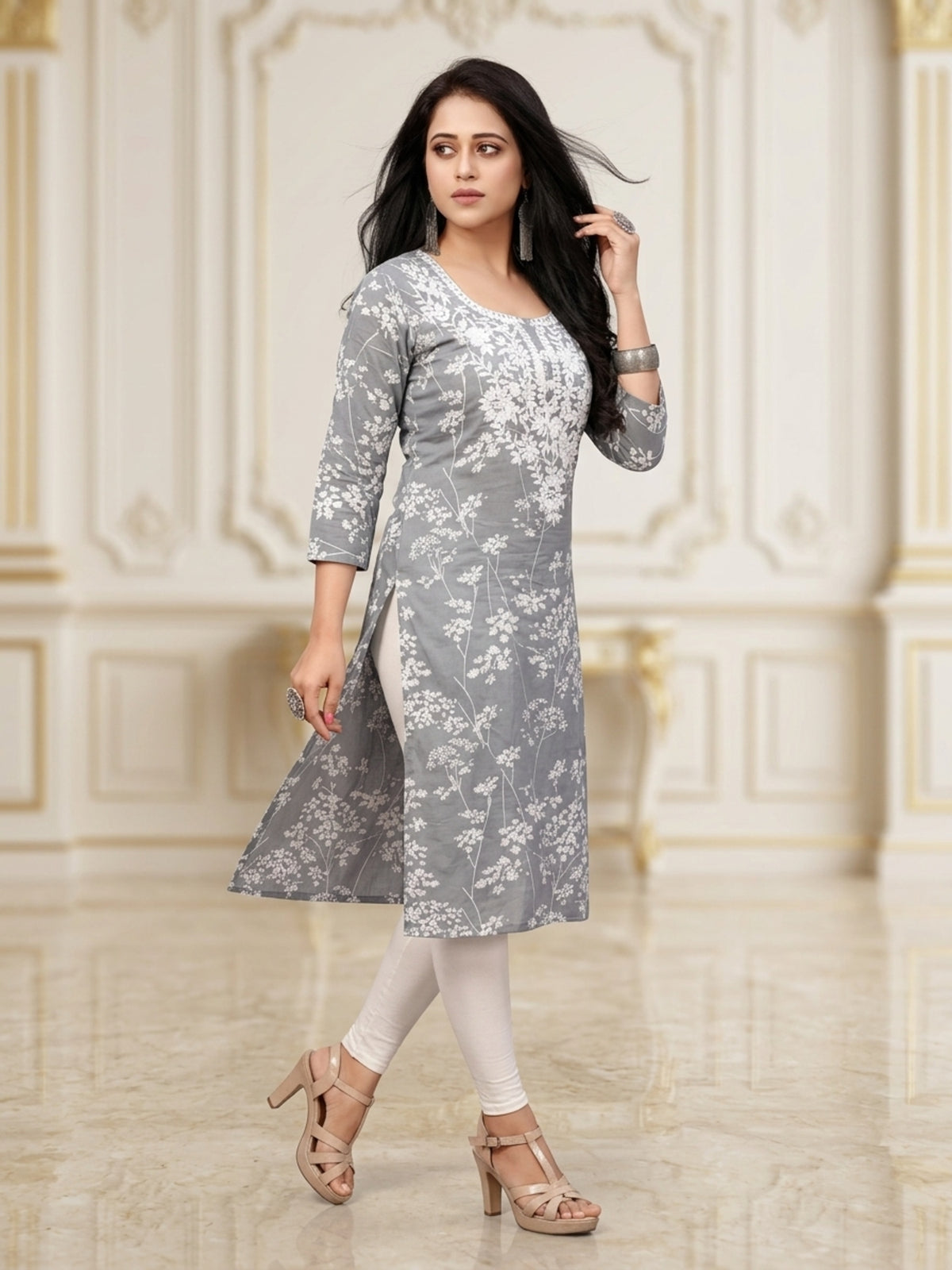 Pooja Women Floral Printed Cotton Ethnic Kurti with Round Neck & Three-Quarter Sleeves