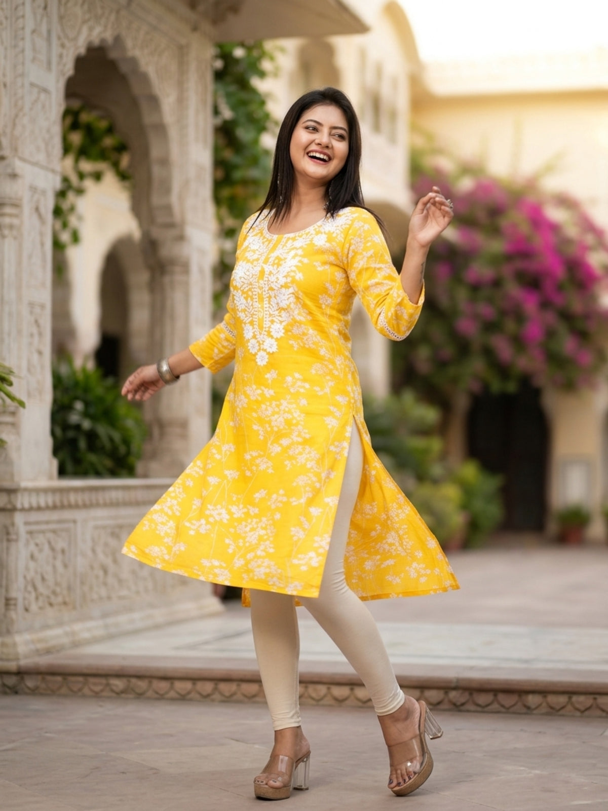 Pooja Women Floral Printed Cotton Ethnic Kurti with Round Neck & Three-Quarter Sleeves