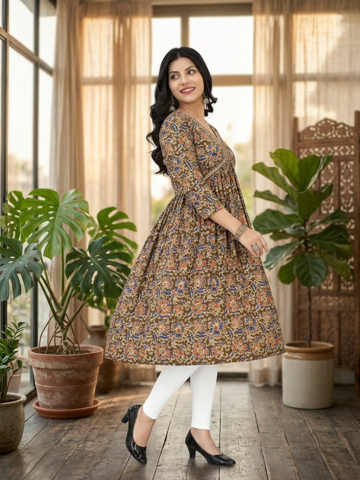 Ritabhari Women Ethnic Motifs Printed Anarkali Kurta with Round Neck & Three-Quarter Sleeves