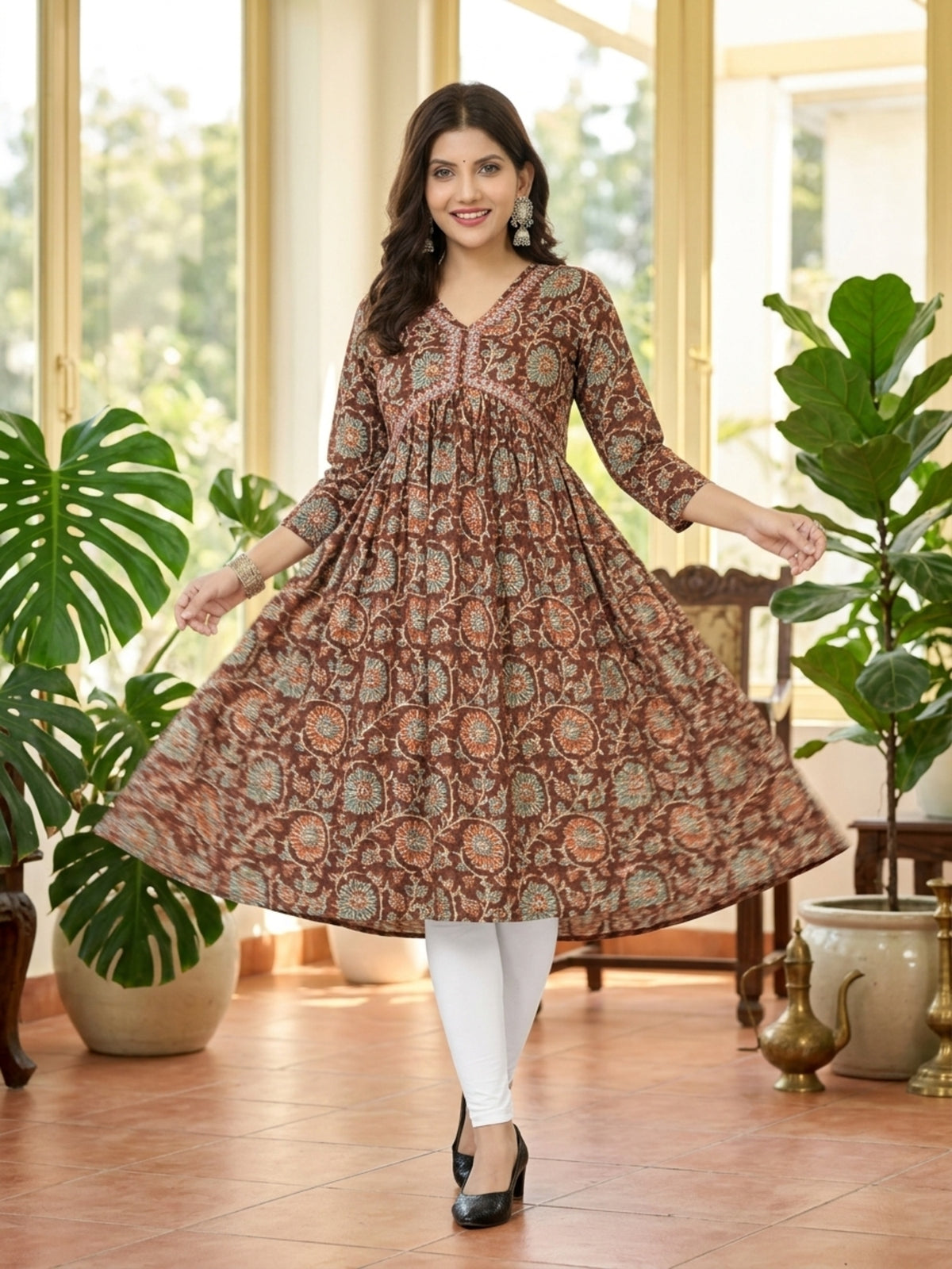Ritabhari Women Ethnic Motifs Printed Anarkali Kurta with Round Neck & Three-Quarter Sleeves