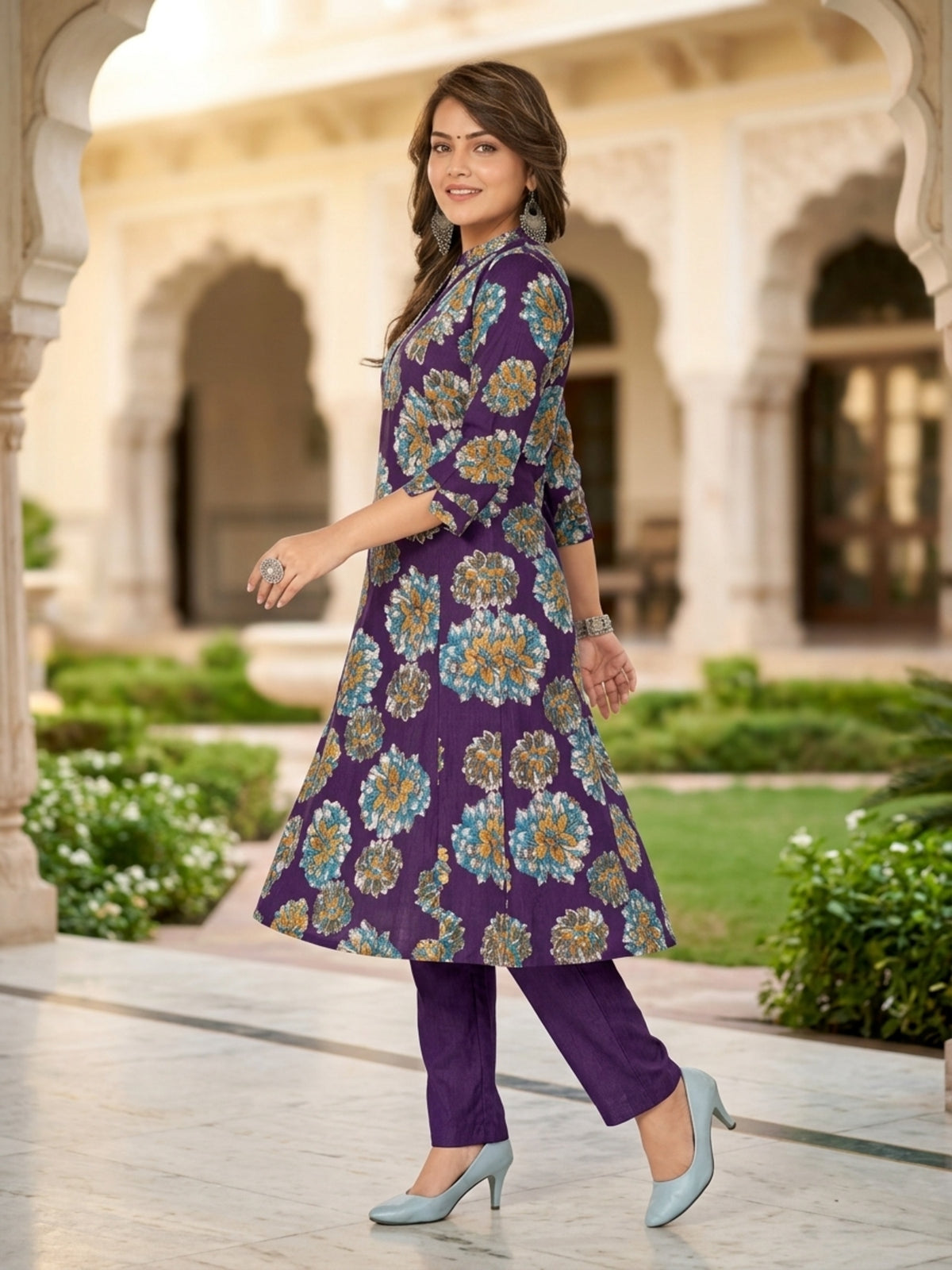 Elegant Ethnic Women Vatican Silk Printed Flared Kurti Pant Set with V-Neck & 3/4 Sleeve | Ank