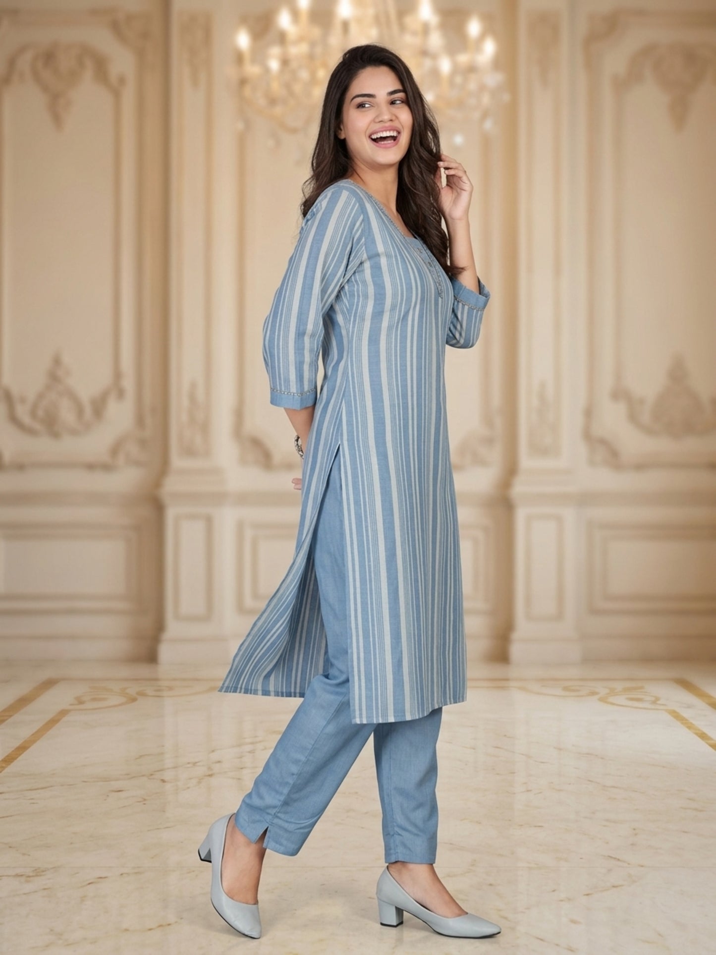 Minu Kurta-Set Sparkle Women Striped Straight Kurti with Trousers | Ank