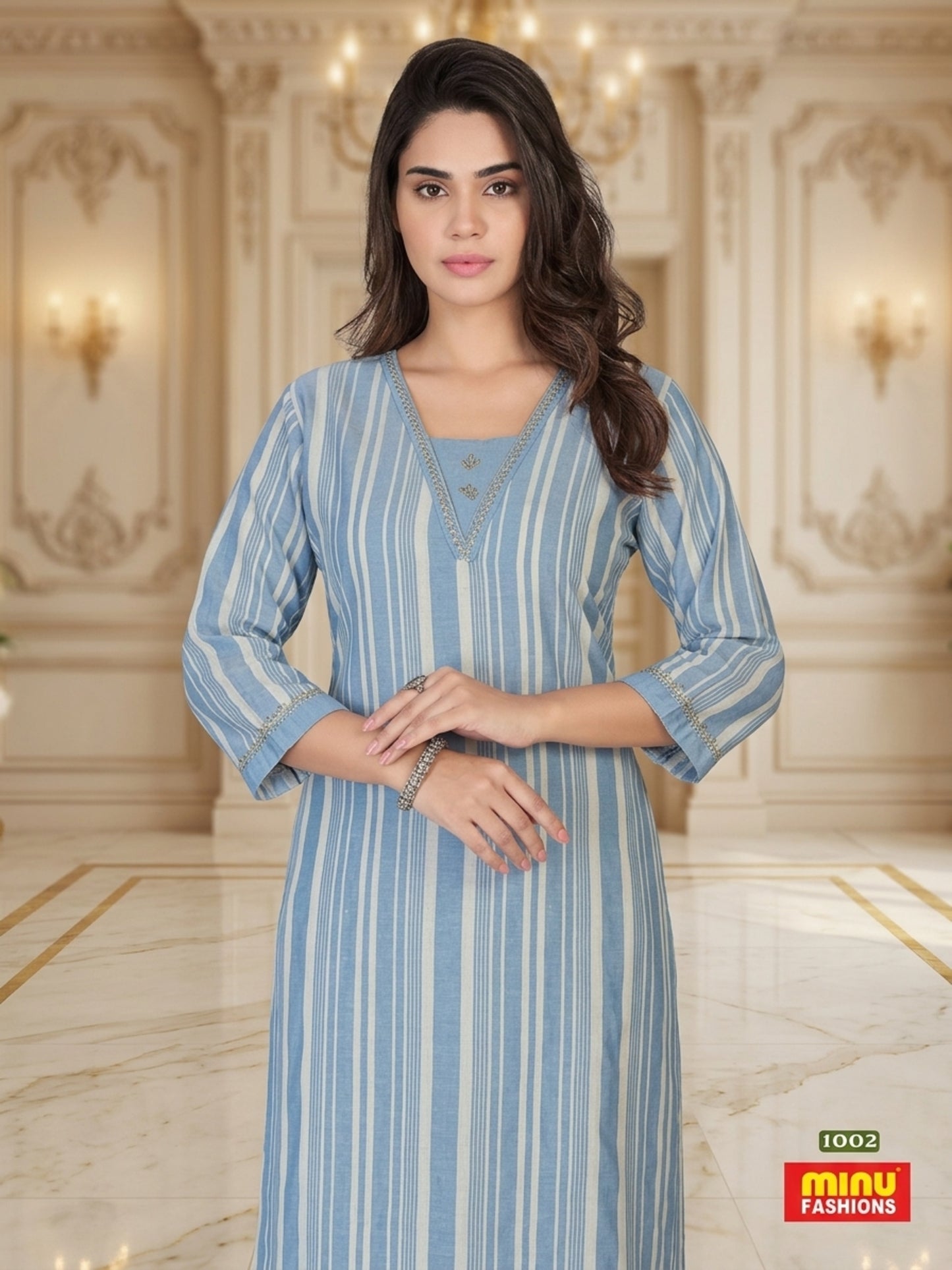 Minu Kurta-Set Sparkle Women Striped Straight Kurti with Trousers | Ank