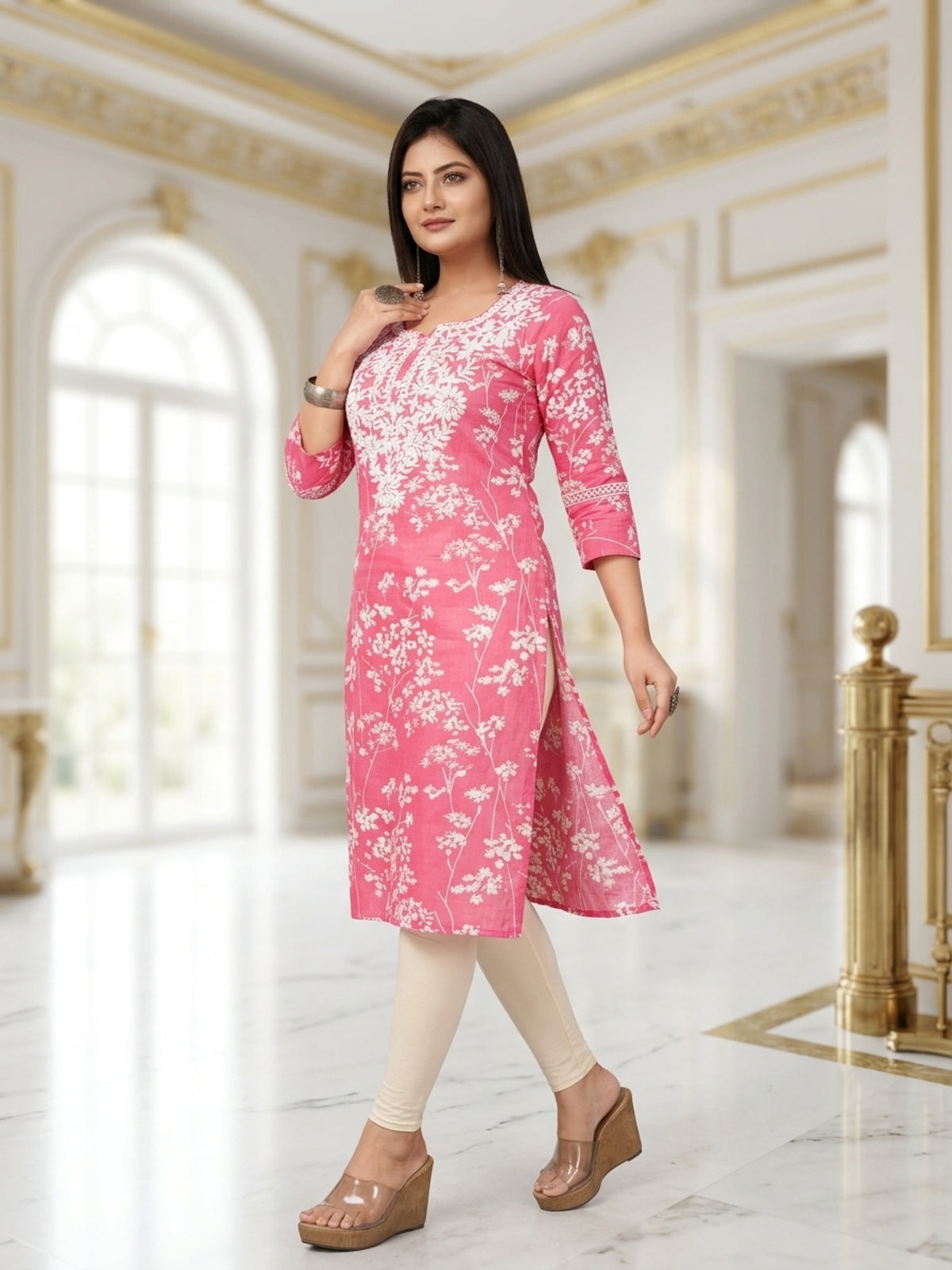 Pooja Women Floral Printed Cotton Ethnic Kurti with Round Neck & Three-Quarter Sleeves