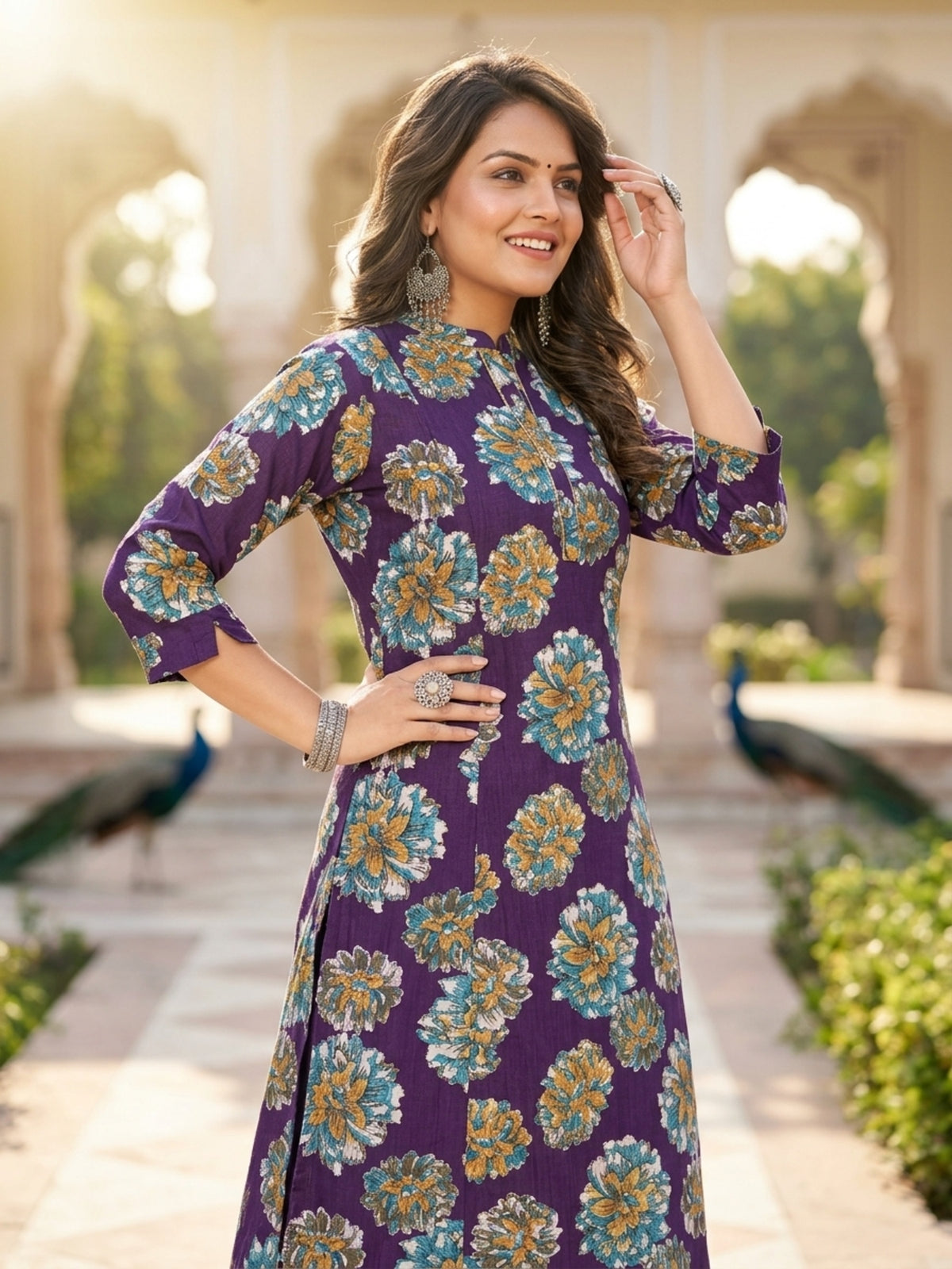 Elegant Ethnic Women Vatican Silk Printed Flared Kurti Pant Set with V-Neck & 3/4 Sleeve | Ank