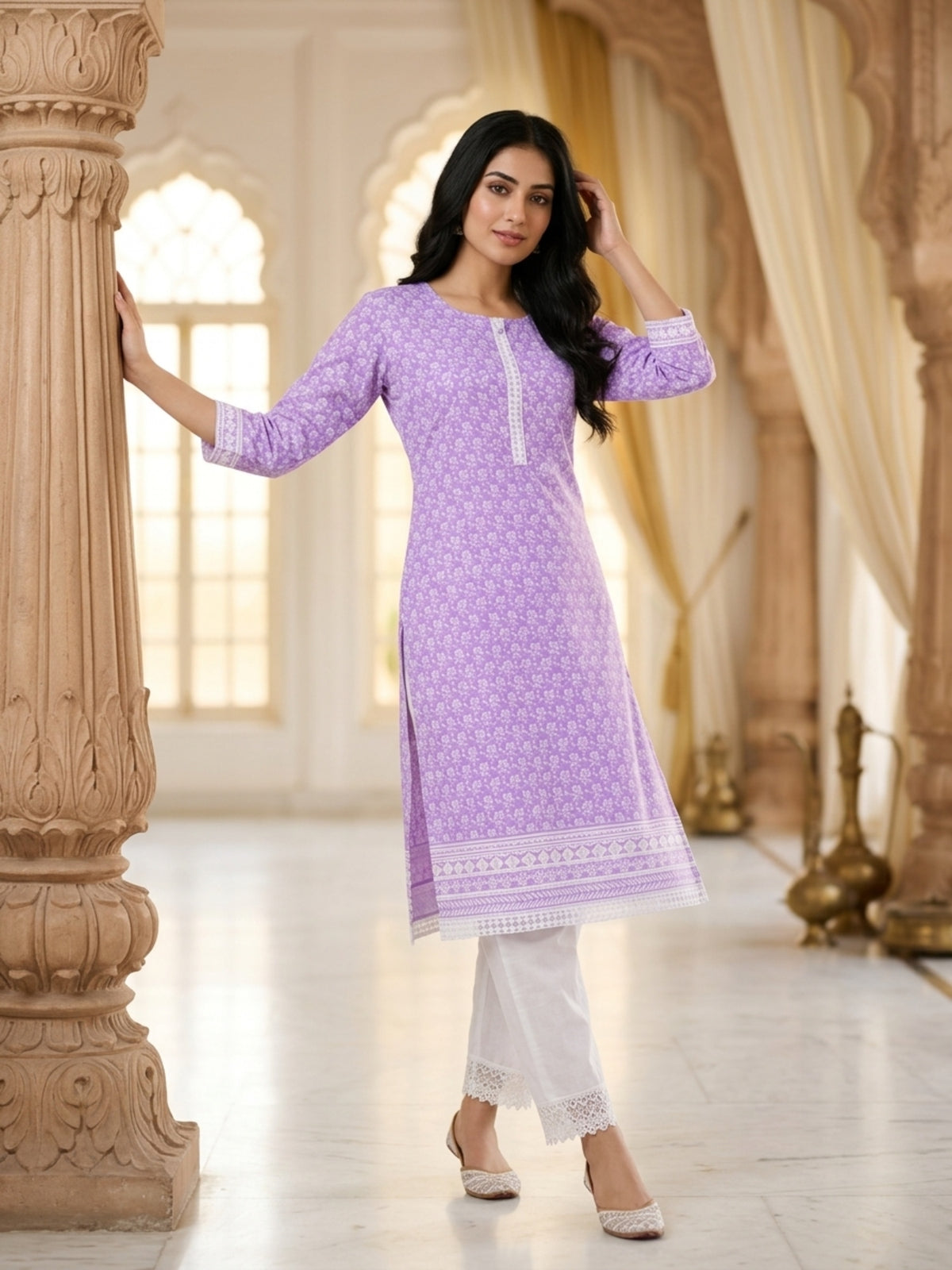 Nizam Women Pure Cotton Printed Ethnic Kurta Set with Matching Trousers, Round Neck, 3/4 Sleeves & Straight Fit for Casual, Office & Festive Wear | Ank