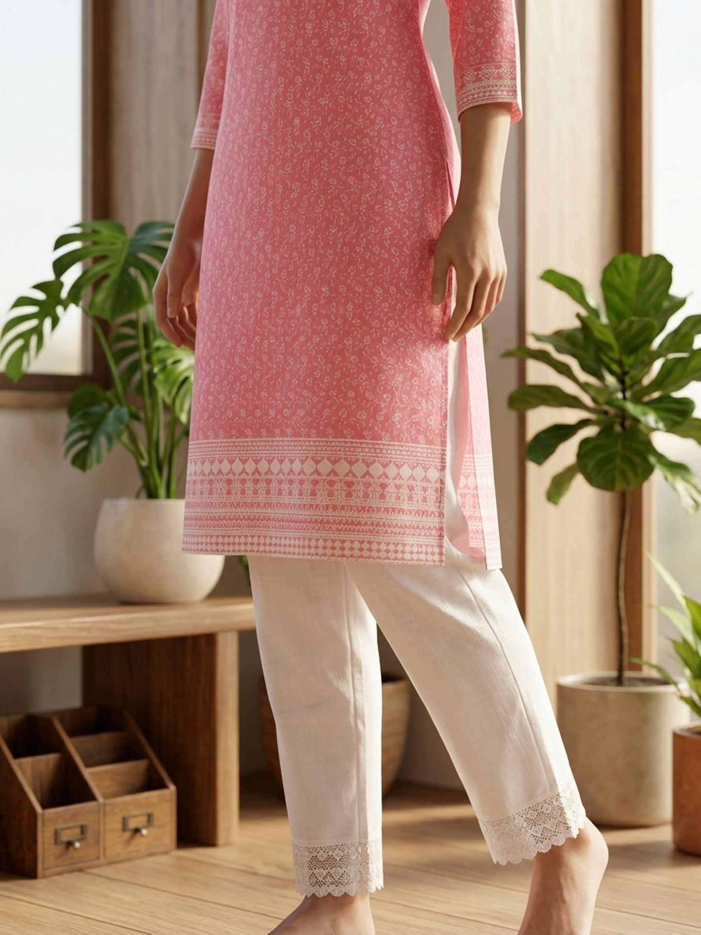 Nizam Women Pure Cotton Printed Ethnic Kurta Set with Matching Trousers, Round Neck, 3/4 Sleeves & Straight Fit for Casual, Office & Festive Wear | Ank