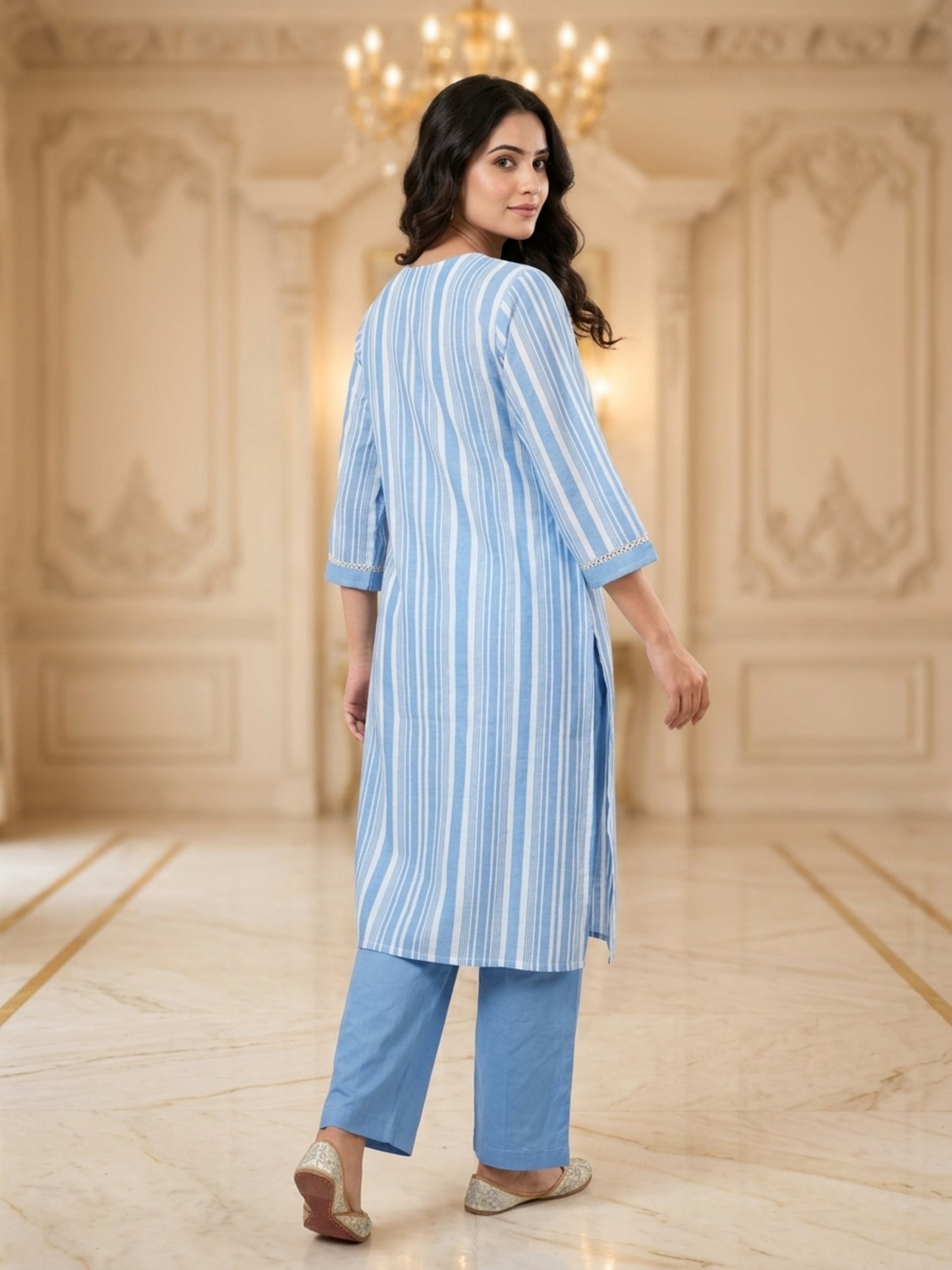 Minu Kurta-Set Sparkle Women Striped Straight Kurti with Trousers | Ank