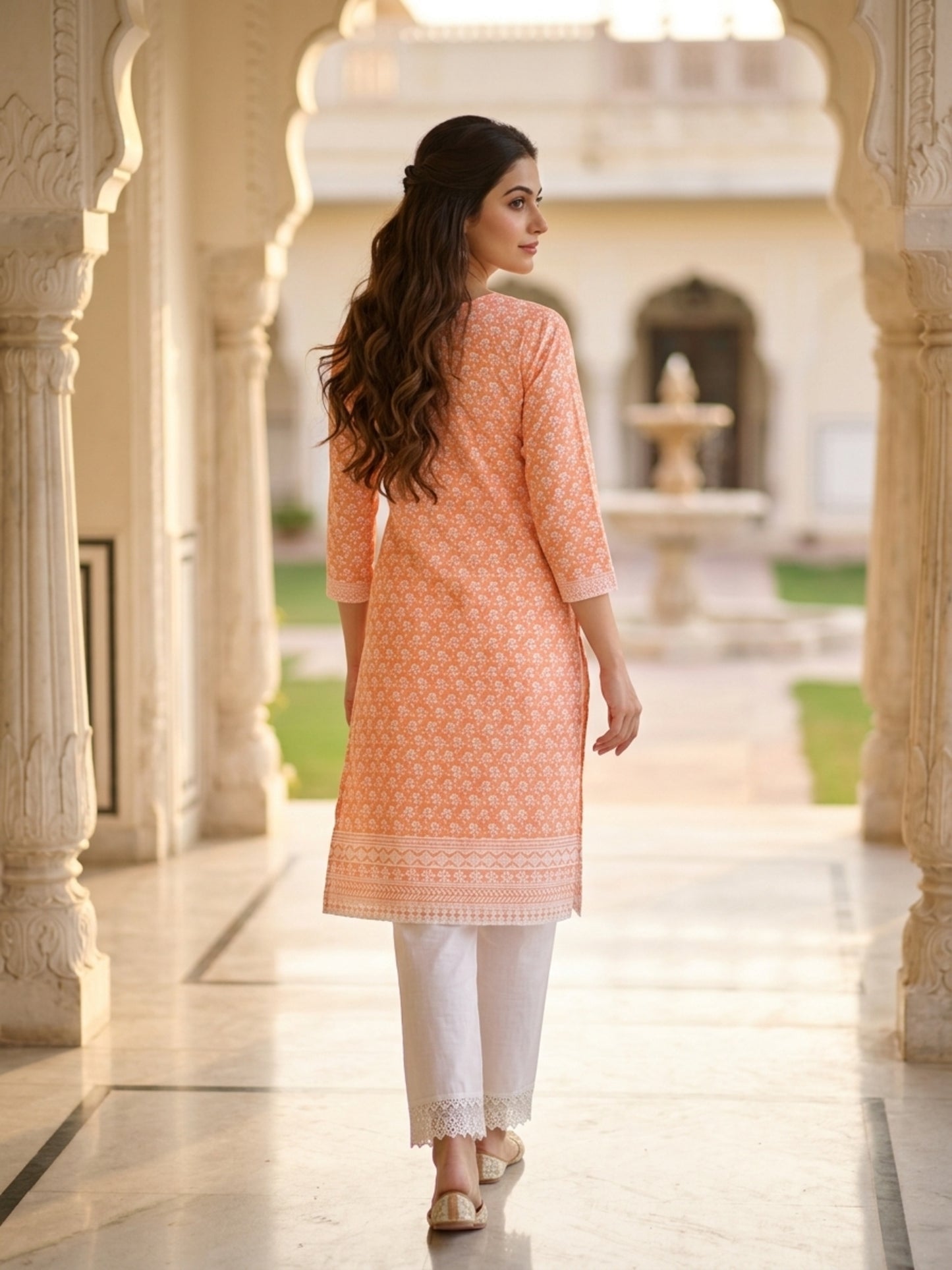 Nizam Women Pure Cotton Printed Ethnic Kurta Set with Matching Trousers, Round Neck, 3/4 Sleeves & Straight Fit for Casual, Office & Festive Wear | Ank