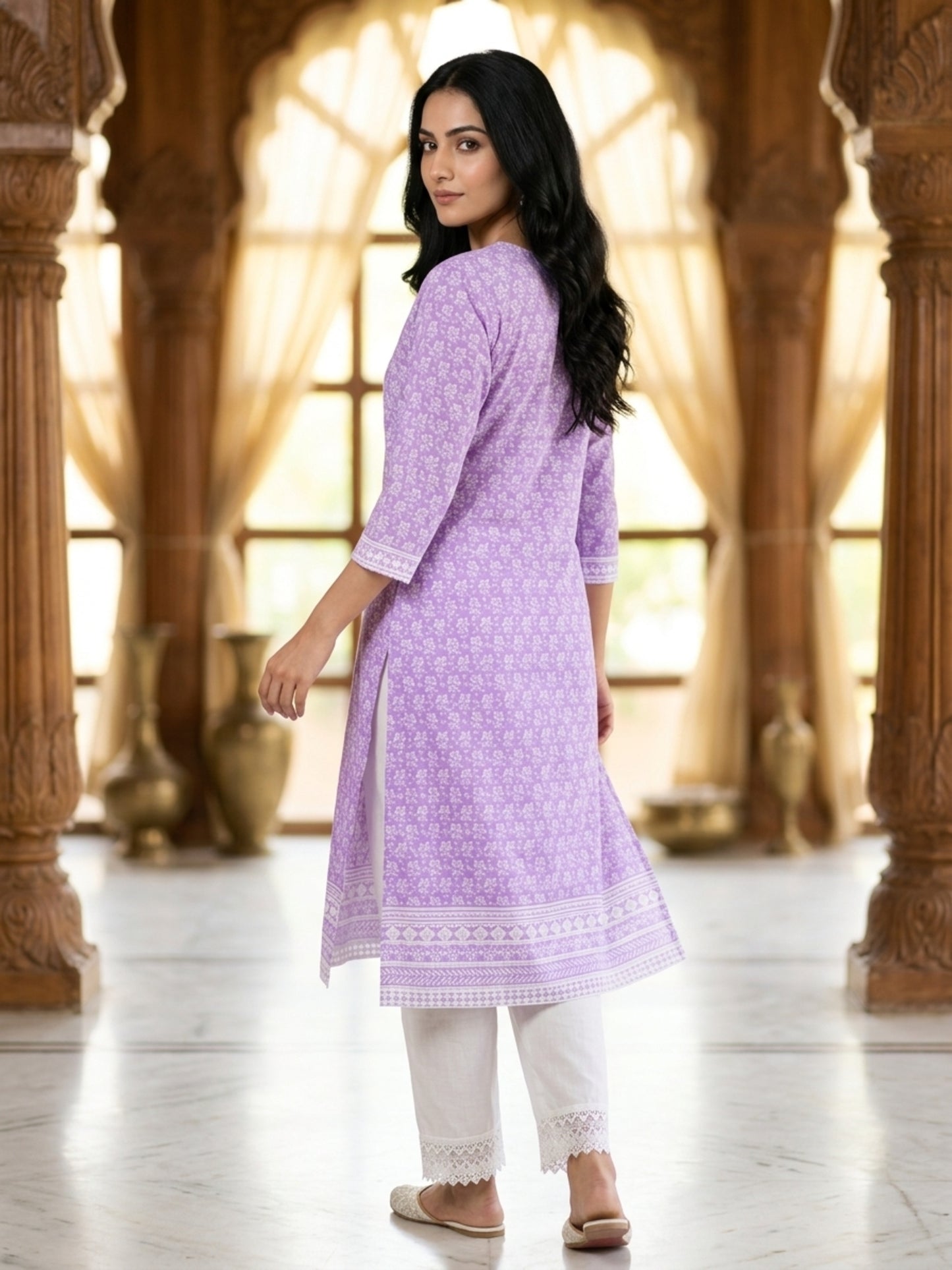 Nizam Women Pure Cotton Printed Ethnic Kurta Set with Matching Trousers, Round Neck, 3/4 Sleeves & Straight Fit for Casual, Office & Festive Wear | Ank