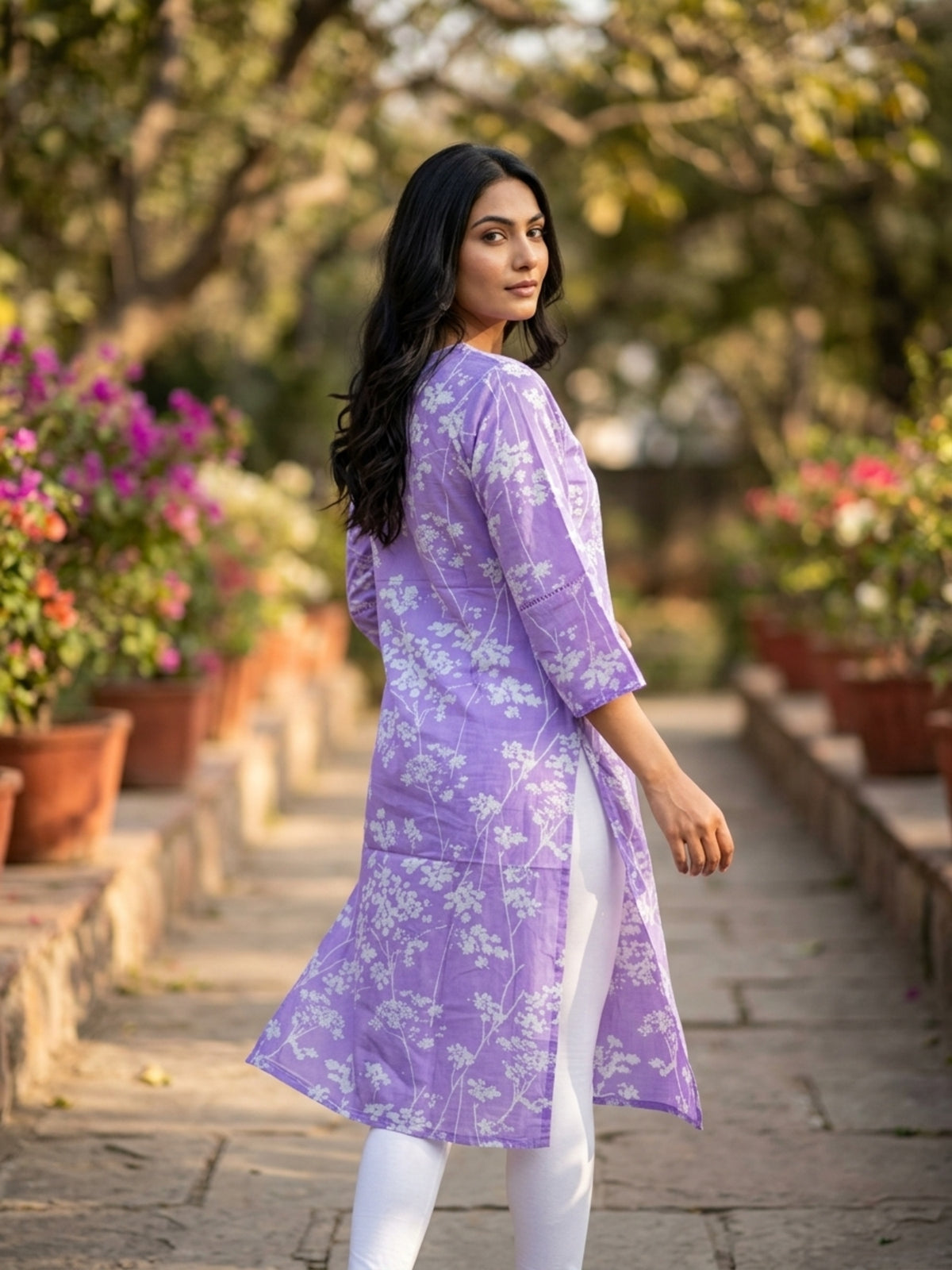 Pooja Women Floral Printed Cotton Ethnic Kurti with Round Neck & Three-Quarter Sleeves