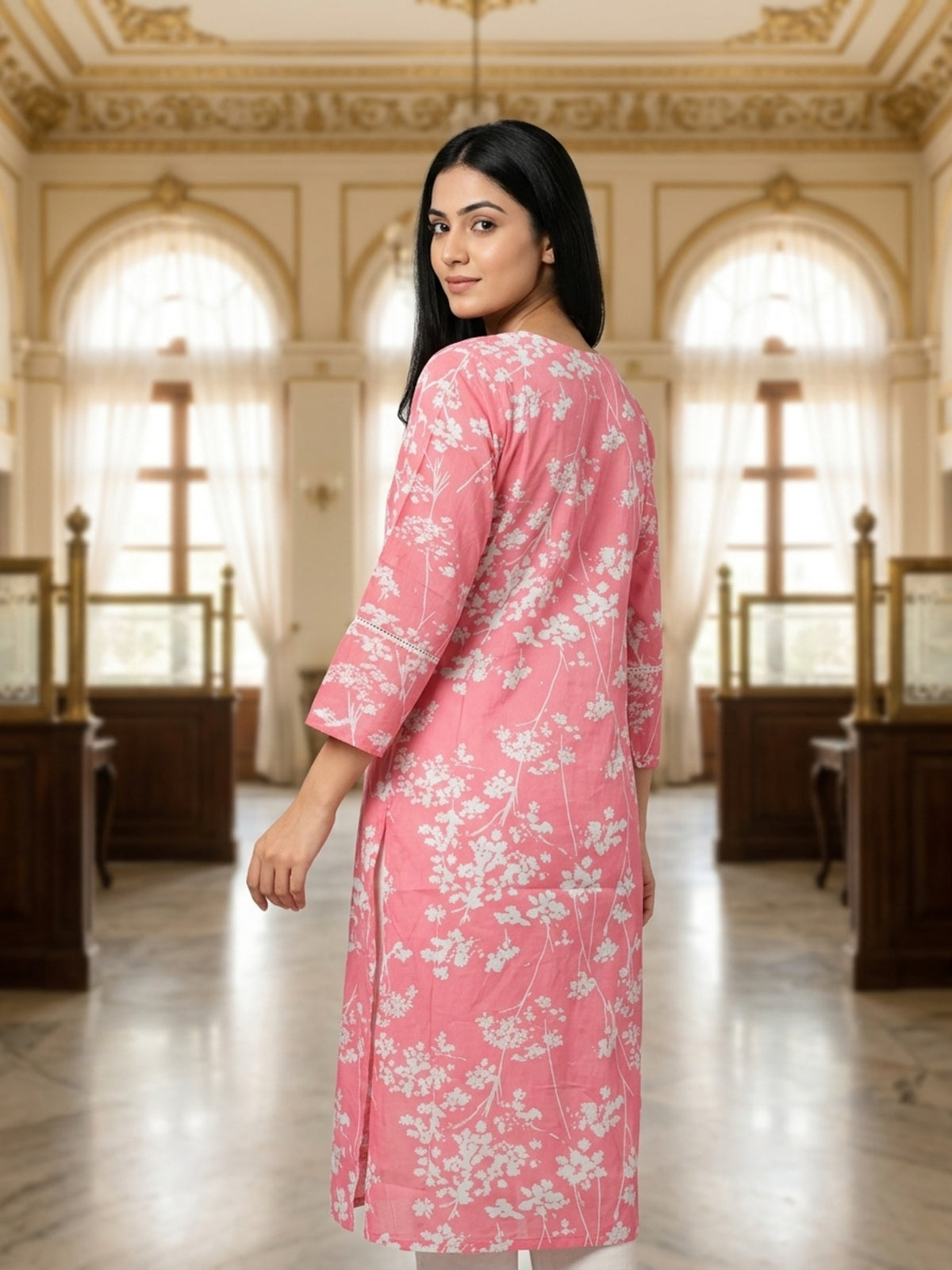 Pooja Women Floral Printed Cotton Ethnic Kurti with Round Neck & Three-Quarter Sleeves