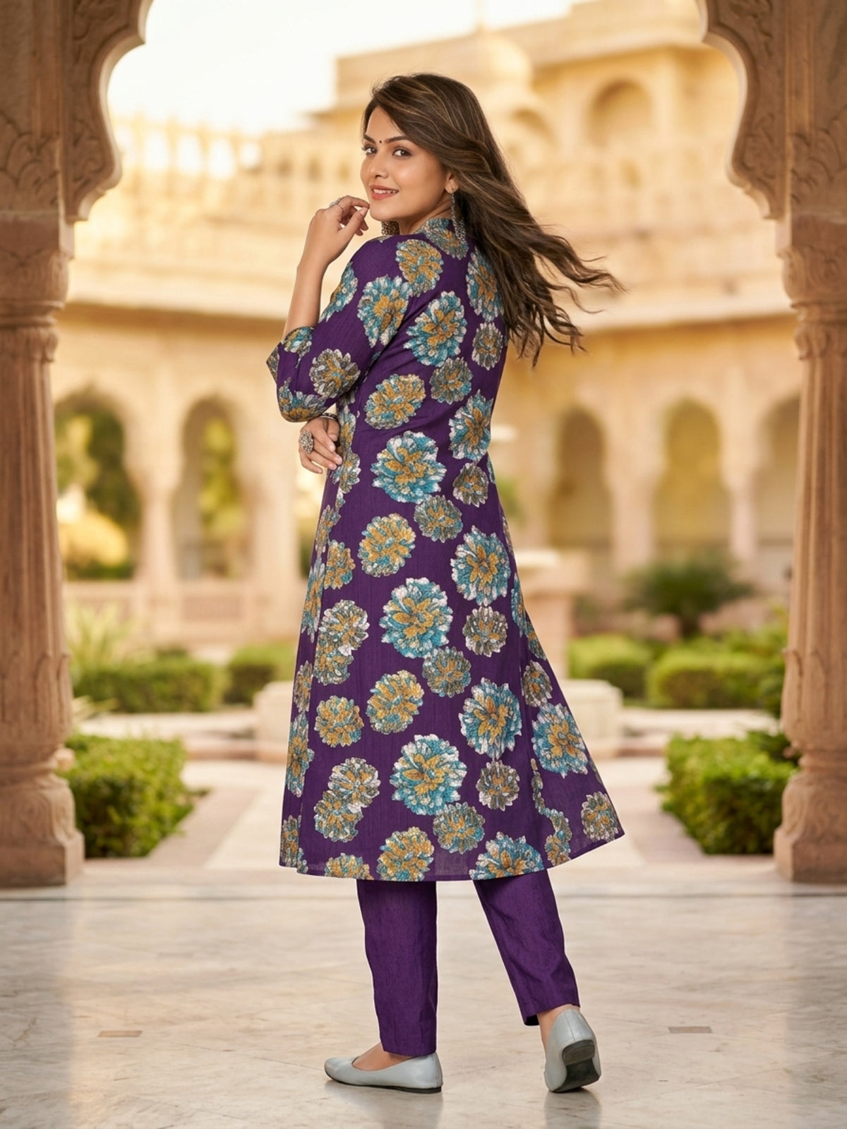Elegant Ethnic Women Vatican Silk Printed Flared Kurti Pant Set with V-Neck & 3/4 Sleeve | Ank