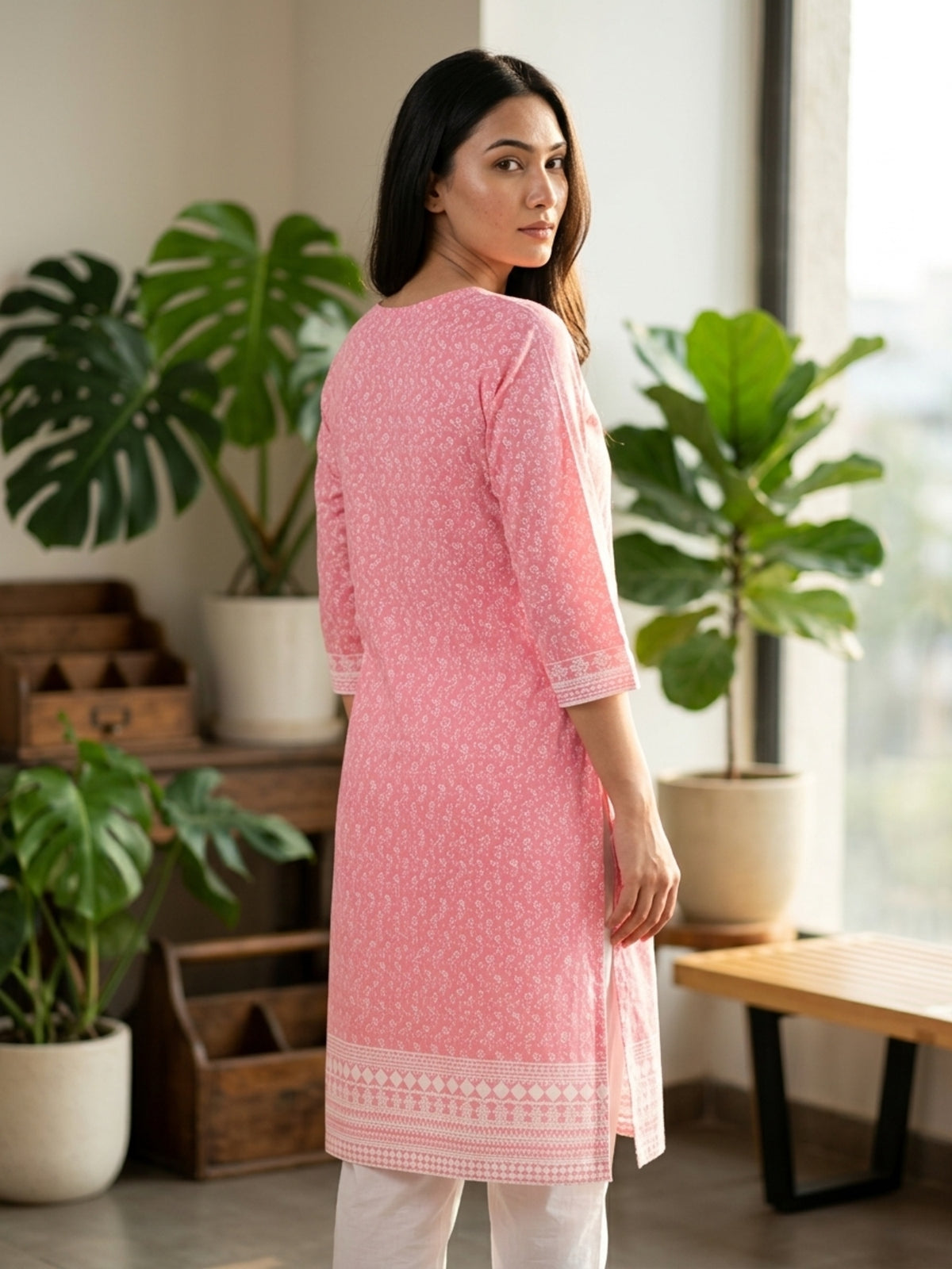 Nizam Women Pure Cotton Printed Ethnic Kurta Set with Matching Trousers, Round Neck, 3/4 Sleeves & Straight Fit for Casual, Office & Festive Wear | Ank