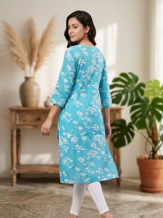 Pooja Women Floral Printed Cotton Ethnic Kurti with Round Neck & Three-Quarter Sleeves