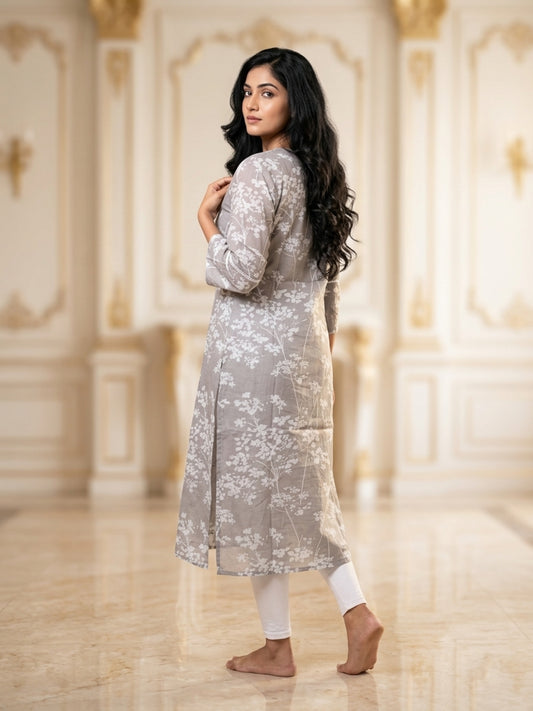 Pooja Women Floral Printed Cotton Ethnic Kurti with Round Neck & Three-Quarter Sleeves