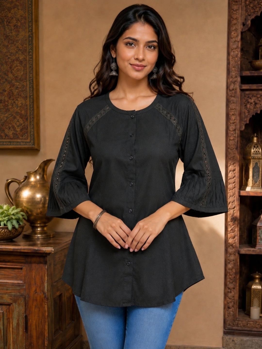 Minu Nidhi Women Solid Colour Round Neck Top