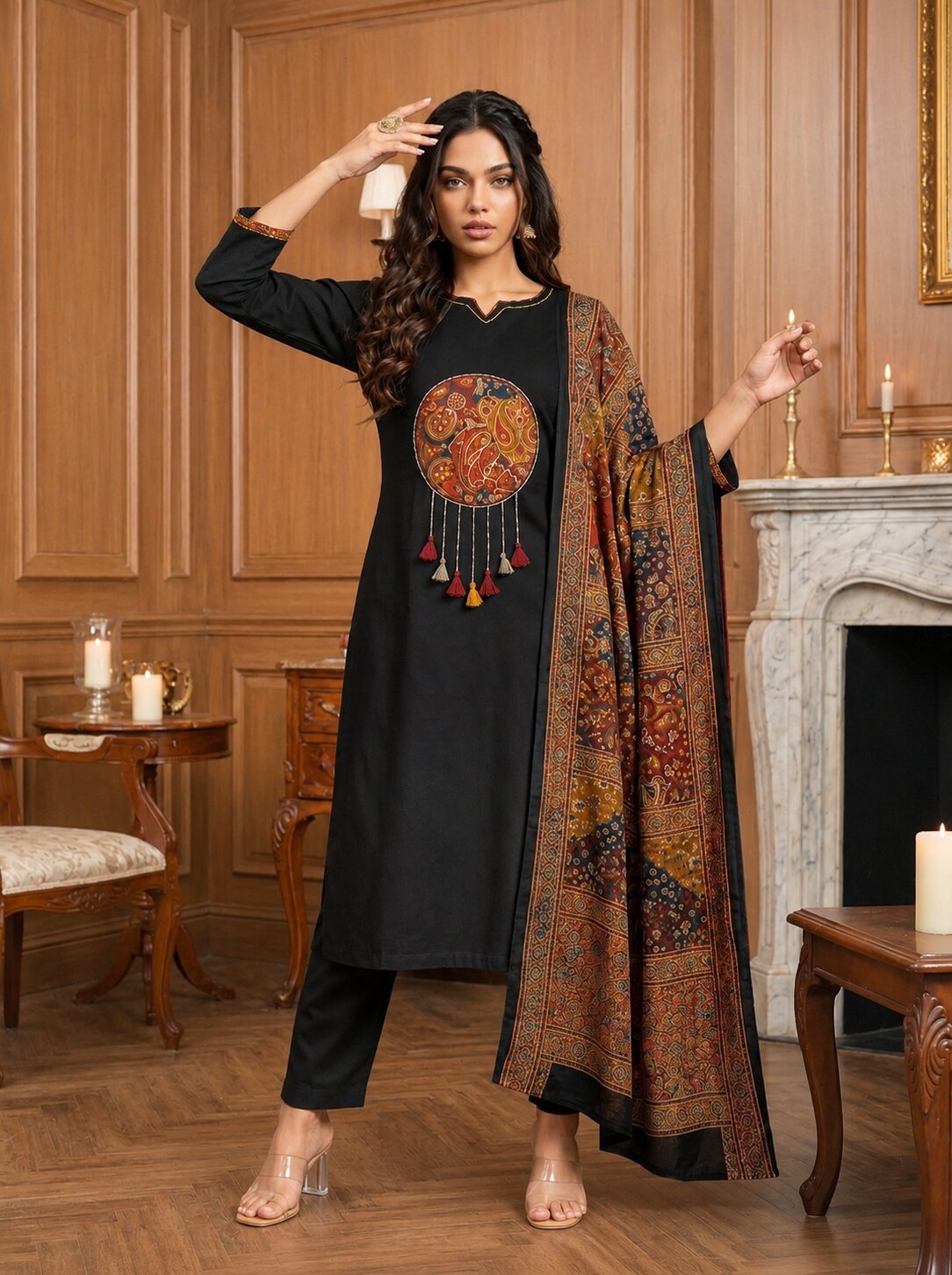 Sitara Women's Black Pure Cotton Straight Salwar Suit with Applique Work & Kalamkari Printed Dupatta| Ank
