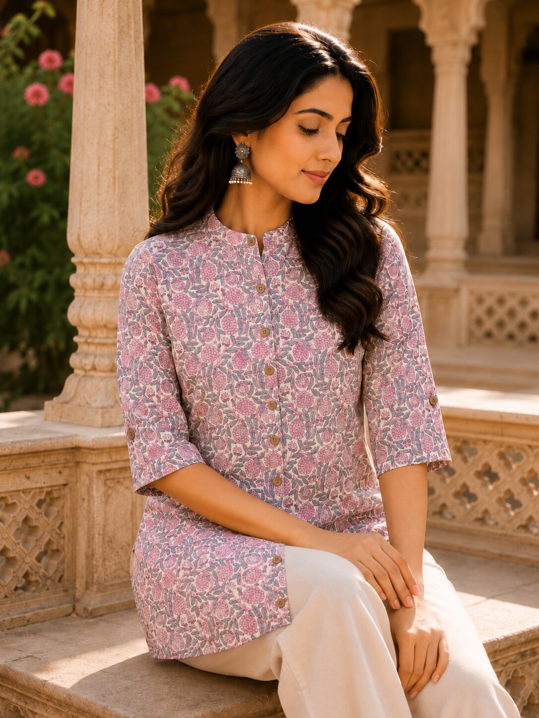 Minu Fashions Ayesha Ajrakh Floral Print Pure Cotton Straight Tunic Short Top for Women
