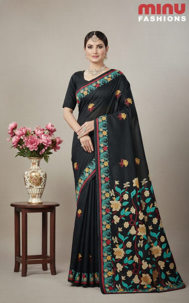 Kashmiri Cotton Printed Saree Black