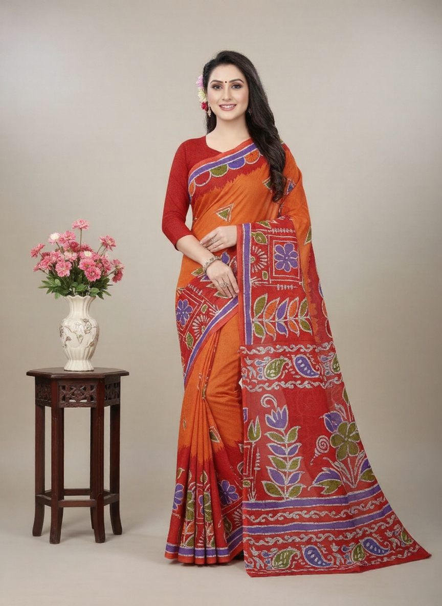 Kacha Badam Batik Cotton Printed Saree 3814