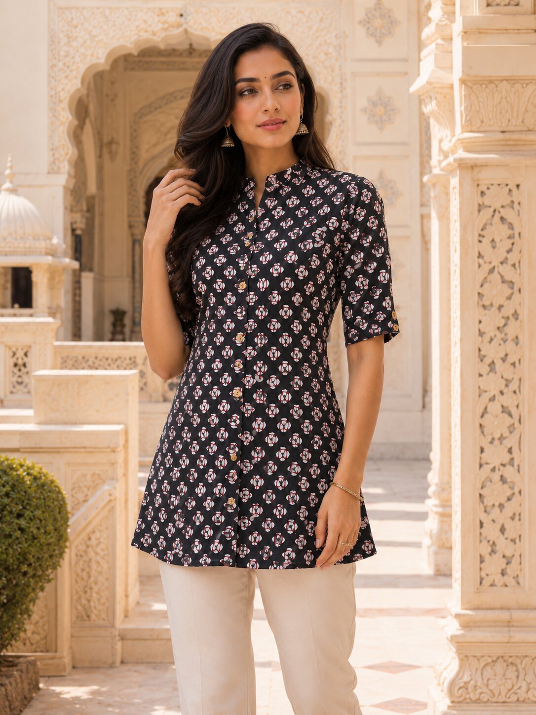 Minu Fashions Ayesha Ajrakh Floral Print Pure Cotton Straight Tunic Short Top for Women