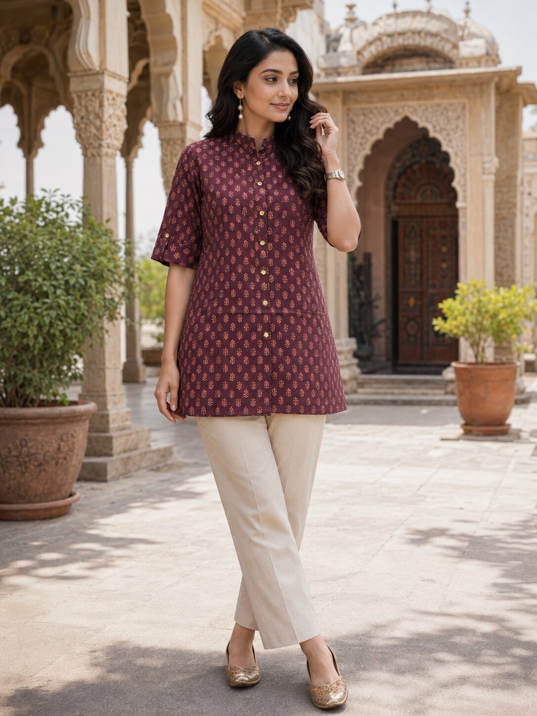 Minu Fashions Ayesha Ajrakh Floral Print Pure Cotton Straight Tunic Short Top for Women