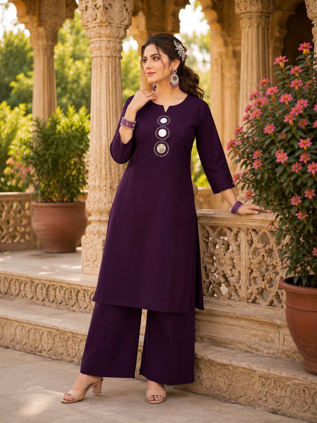Purva Women Vartican Silk Straight Cut Kurti Set with Palazzo | Mirror & Beads Work | Women's Ethnic Wear