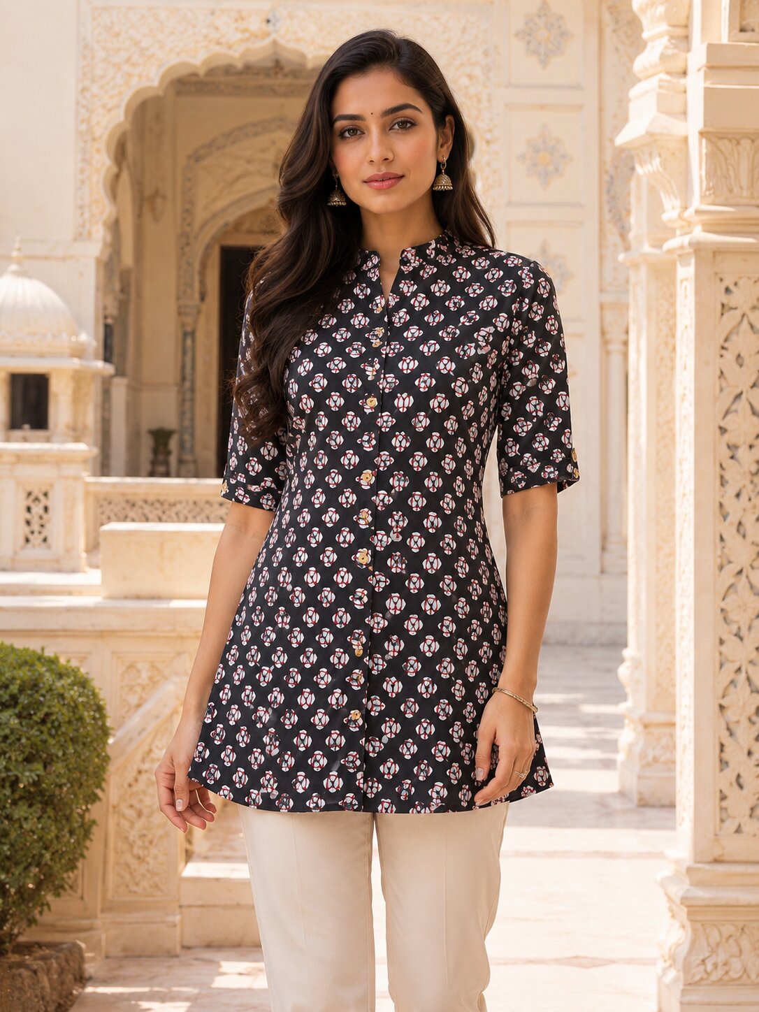 Minu Fashions Ayesha Ajrakh Floral Print Pure Cotton Straight Tunic Short Top for Women