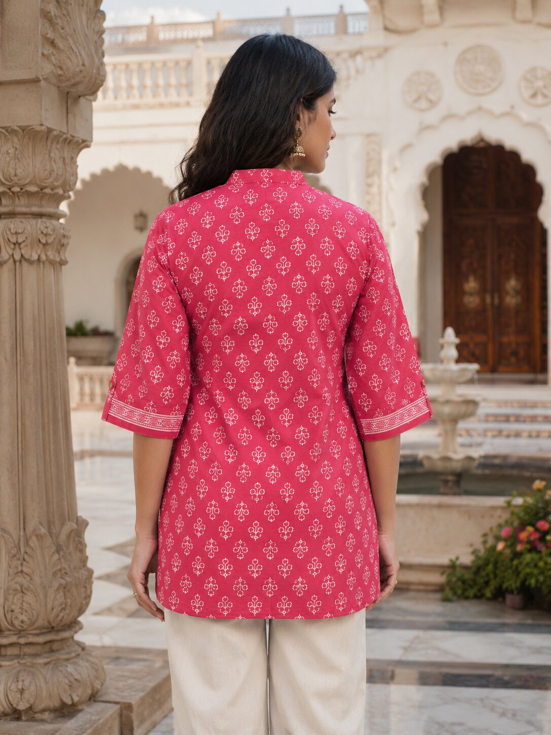 Minu Fashions Ayesha Ajrakh Floral Print Pure Cotton Straight Tunic Short Top for Women
