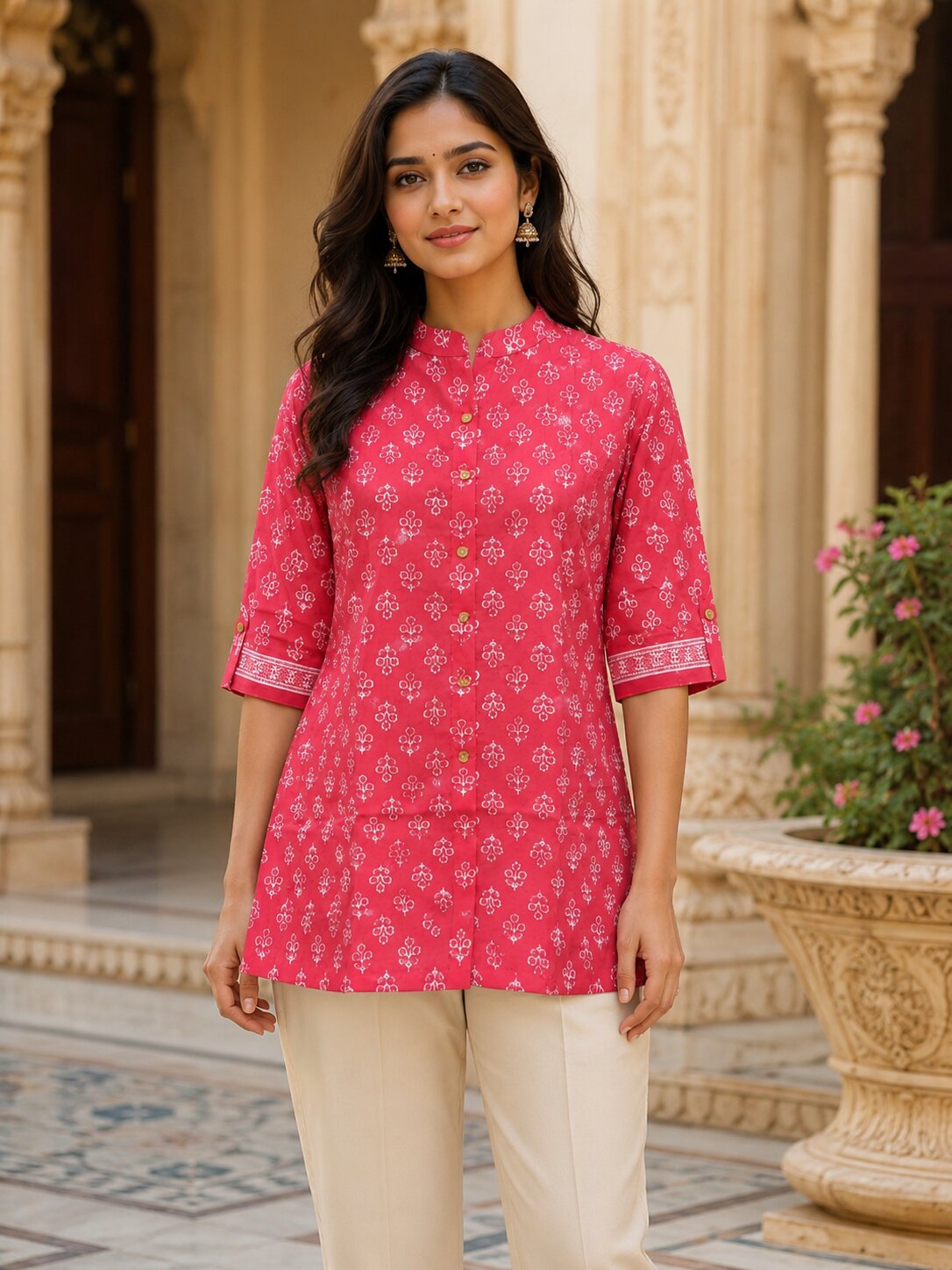 Minu Fashions Ayesha Ajrakh Floral Print Pure Cotton Straight Tunic Short Top for Women