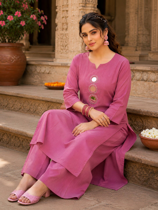 Minu Kurta-Set Purva Vartican Silk Straight Cut Kurti Set with Palazzo | Mirror & Beads Work | Women's Ethnic Wear | Ank