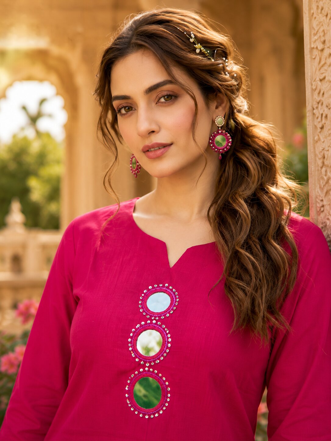 Purva Women Vartican Silk Straight Cut Kurti Set with Palazzo | Mirror & Beads Work | Women's Ethnic Wear