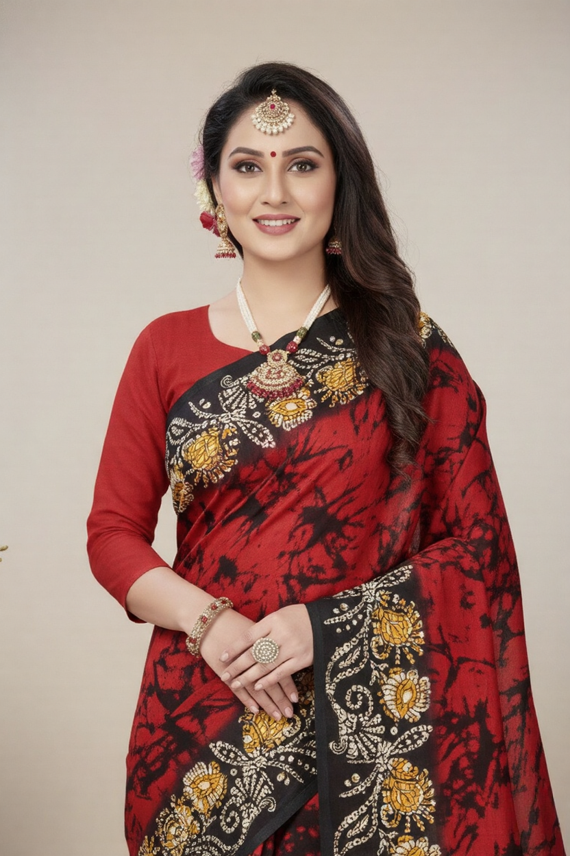 Kacha Badam Batik Cotton Printed Saree 3810