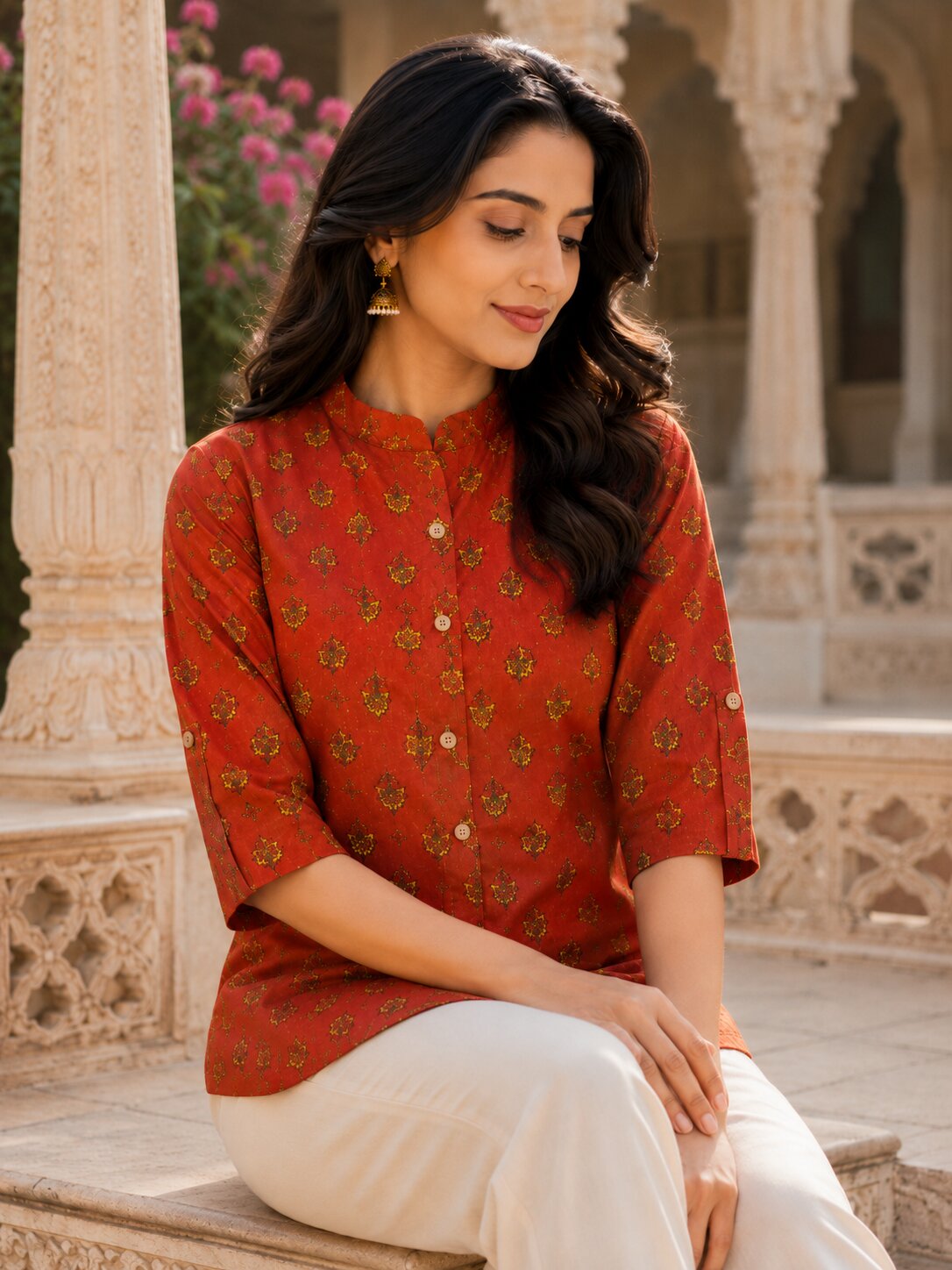 Minu Fashions Ayesha Ajrakh Floral Print Pure Cotton Straight Tunic Short Top for Women