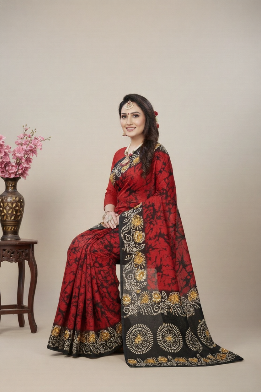 Kacha Badam Batik Cotton Printed Saree 3810