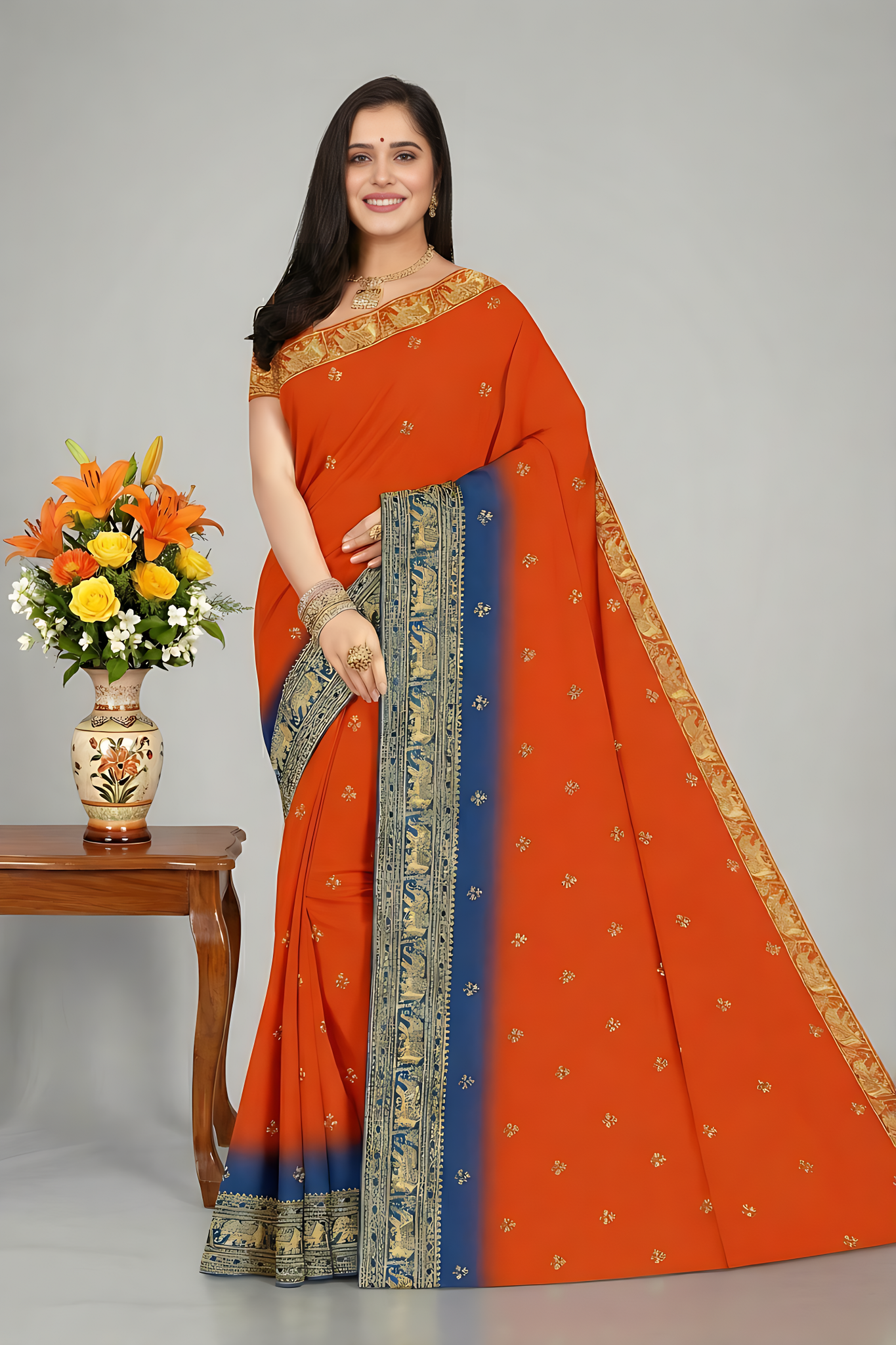 Moti Chur Cotton Embroidered Saree With BP 215515