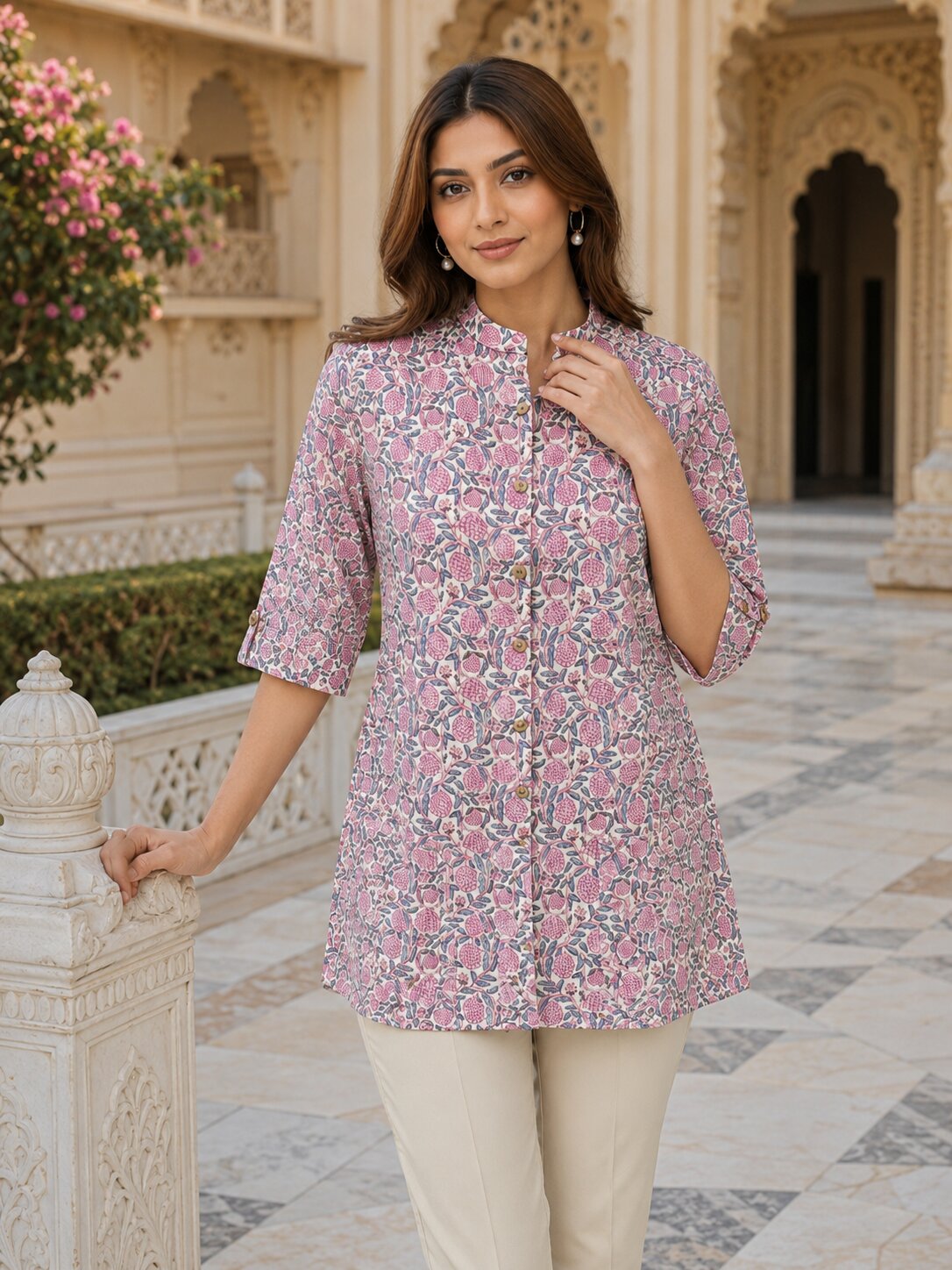 Minu Fashions Ayesha Ajrakh Floral Print Pure Cotton Straight Tunic Short Top for Women