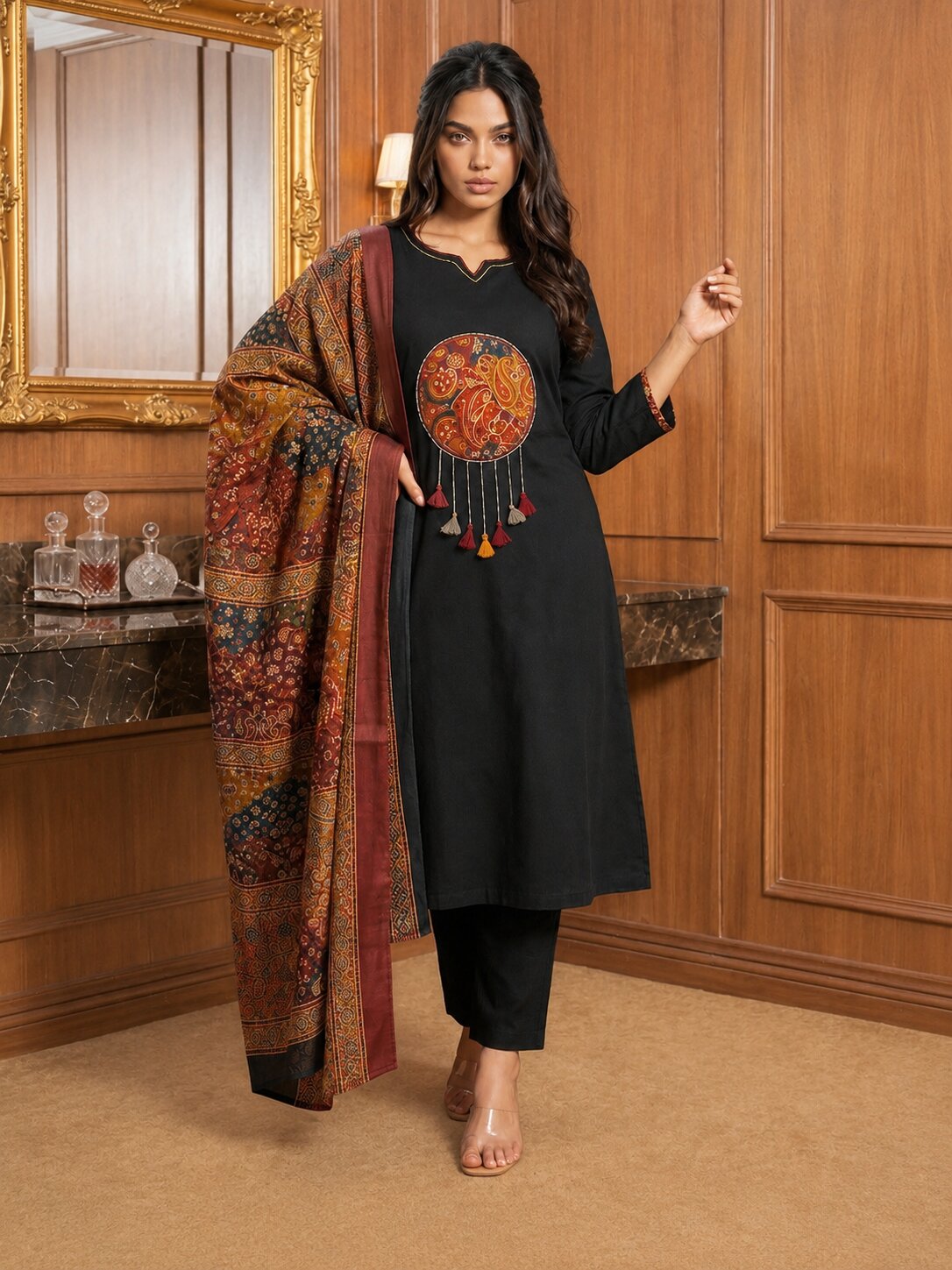 Sitara Women's Black Pure Cotton Straight Salwar Suit with Applique Work & Kalamkari Printed Dupatta| Ank