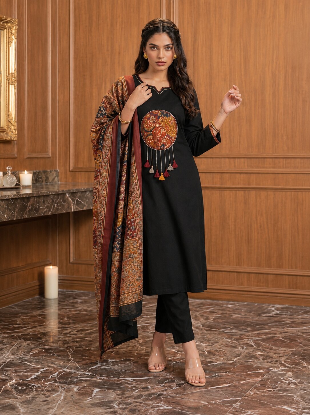 Sitara Women's Black Pure Cotton Straight Salwar Suit with Applique Work & Kalamkari Printed Dupatta| Ank