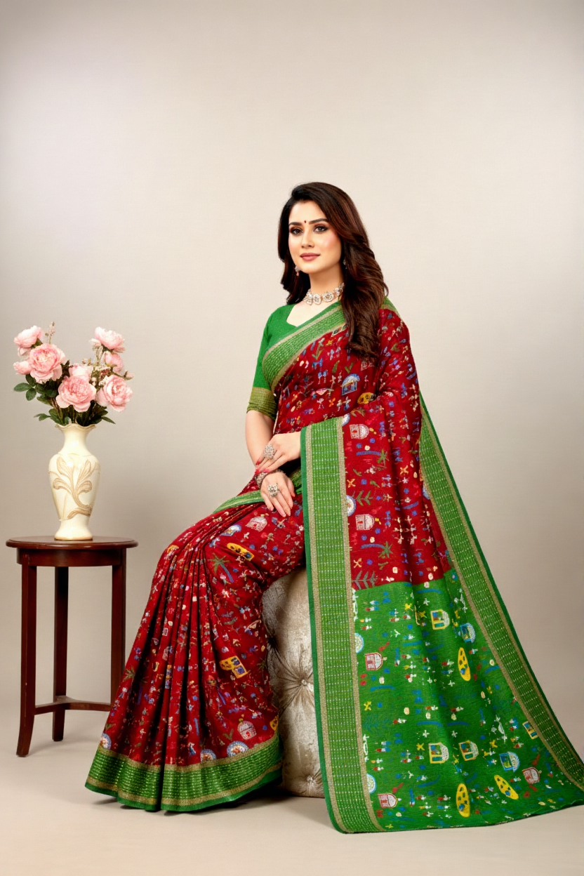 Boutique Special Gold Cotton Printed Purple Saree